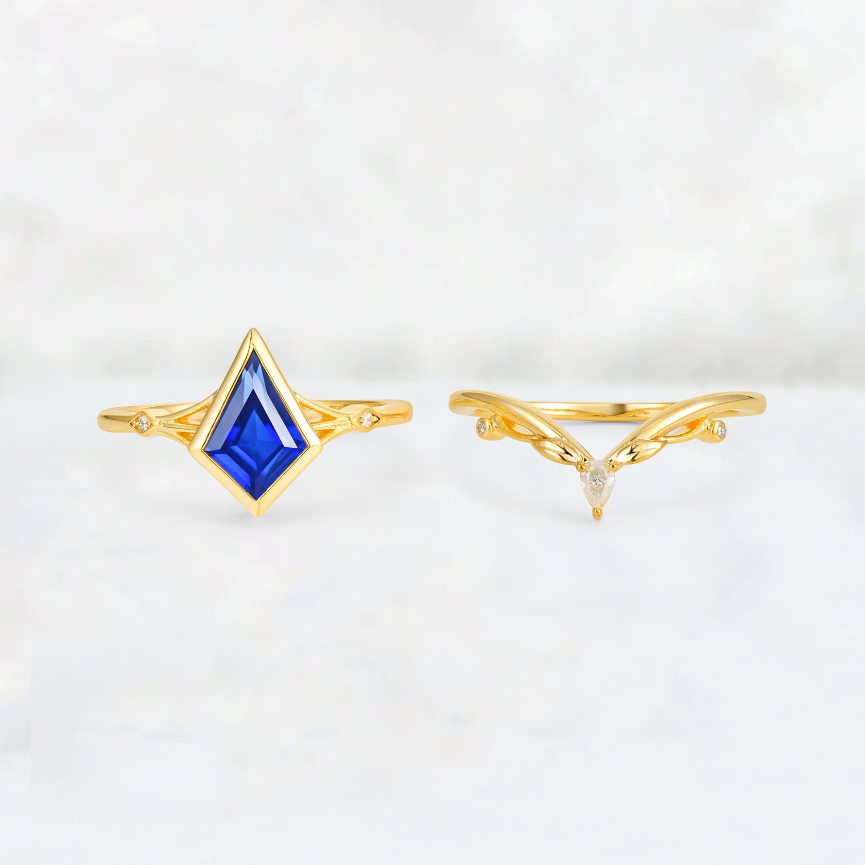 Kite Cut Sapphire Nature-Inspired Bridal Ring Set - Rose-Gold