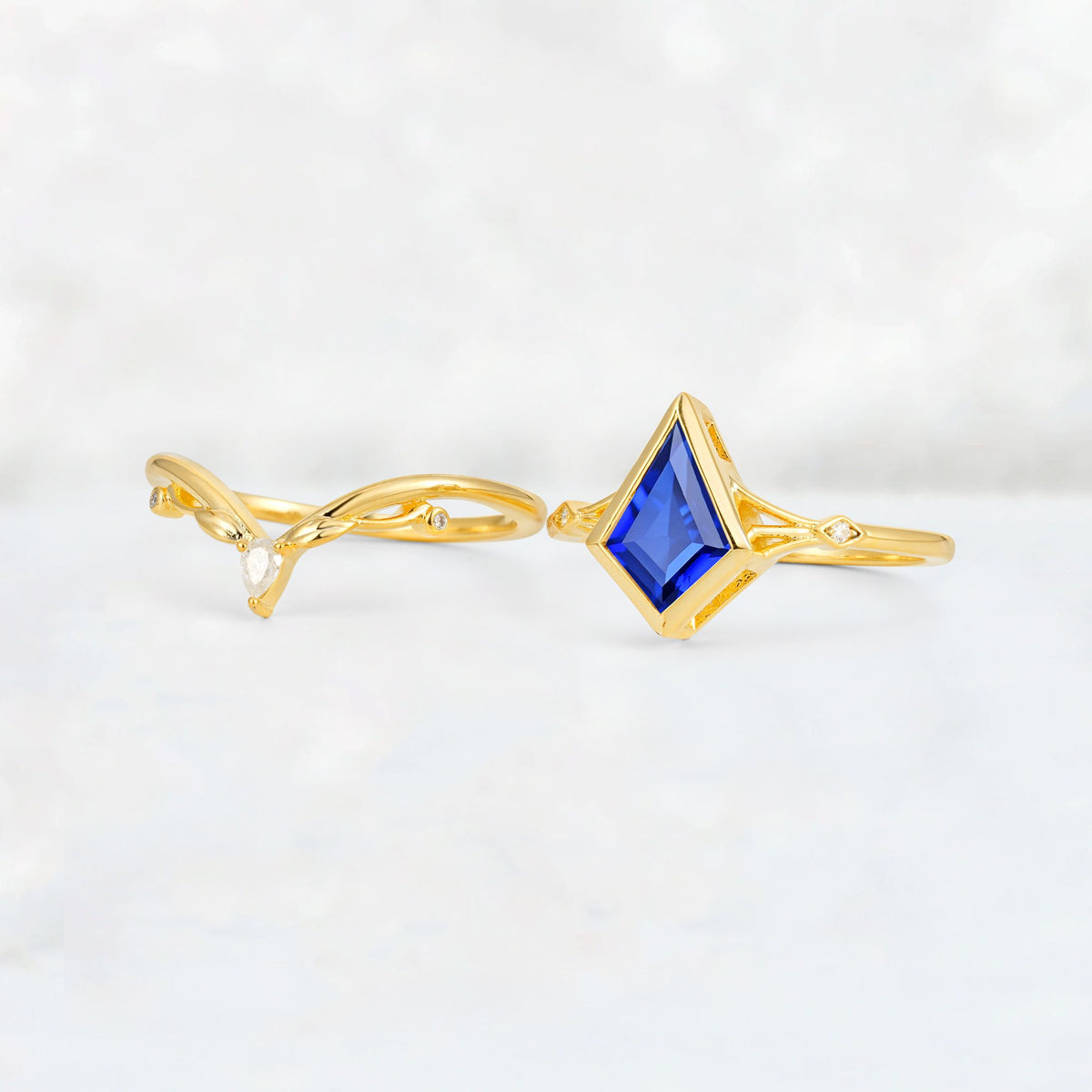 Kite Cut Sapphire Nature-Inspired Bridal Ring Set - White-Gold
