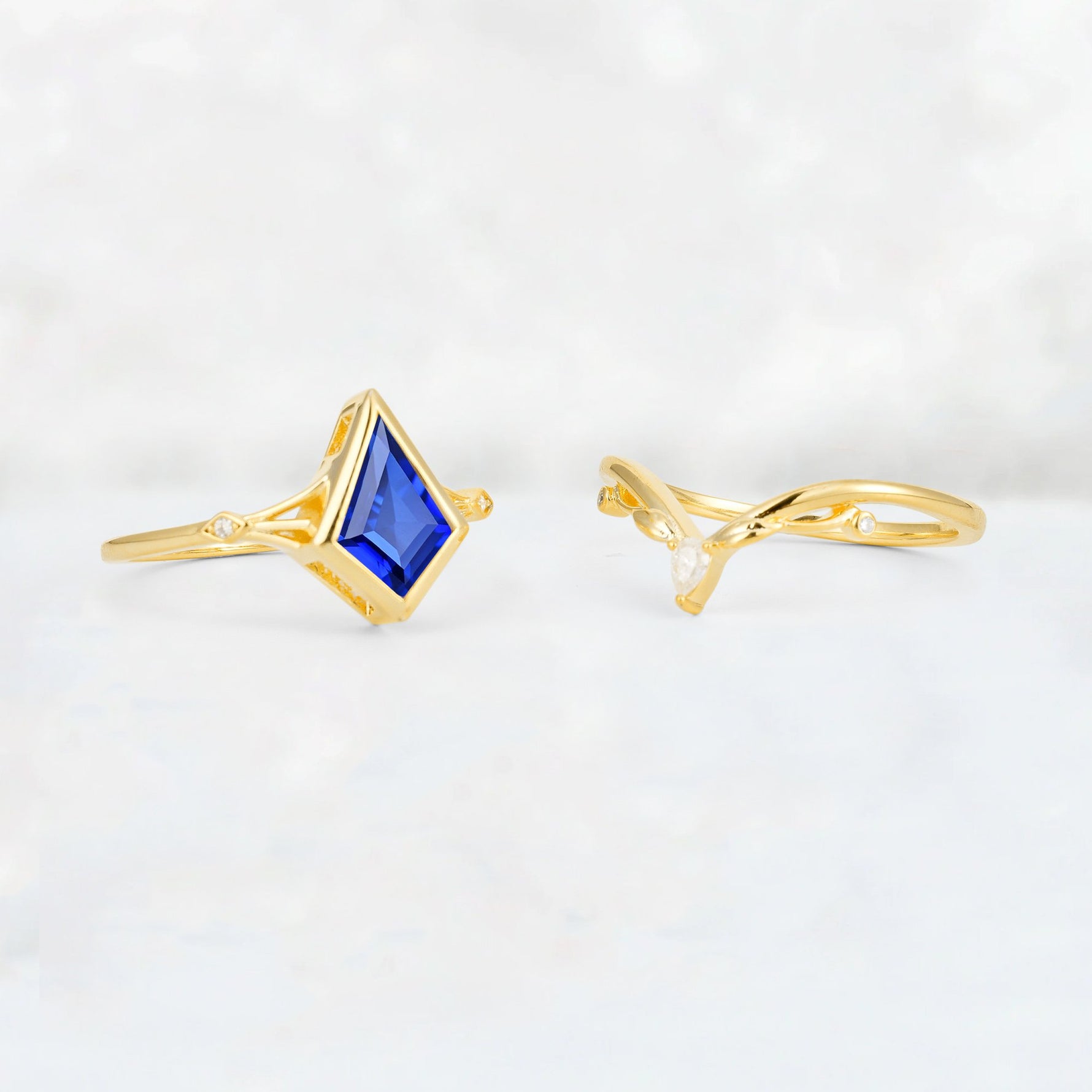 Kite Cut Sapphire Nature-Inspired Bridal Ring Set - Additional view