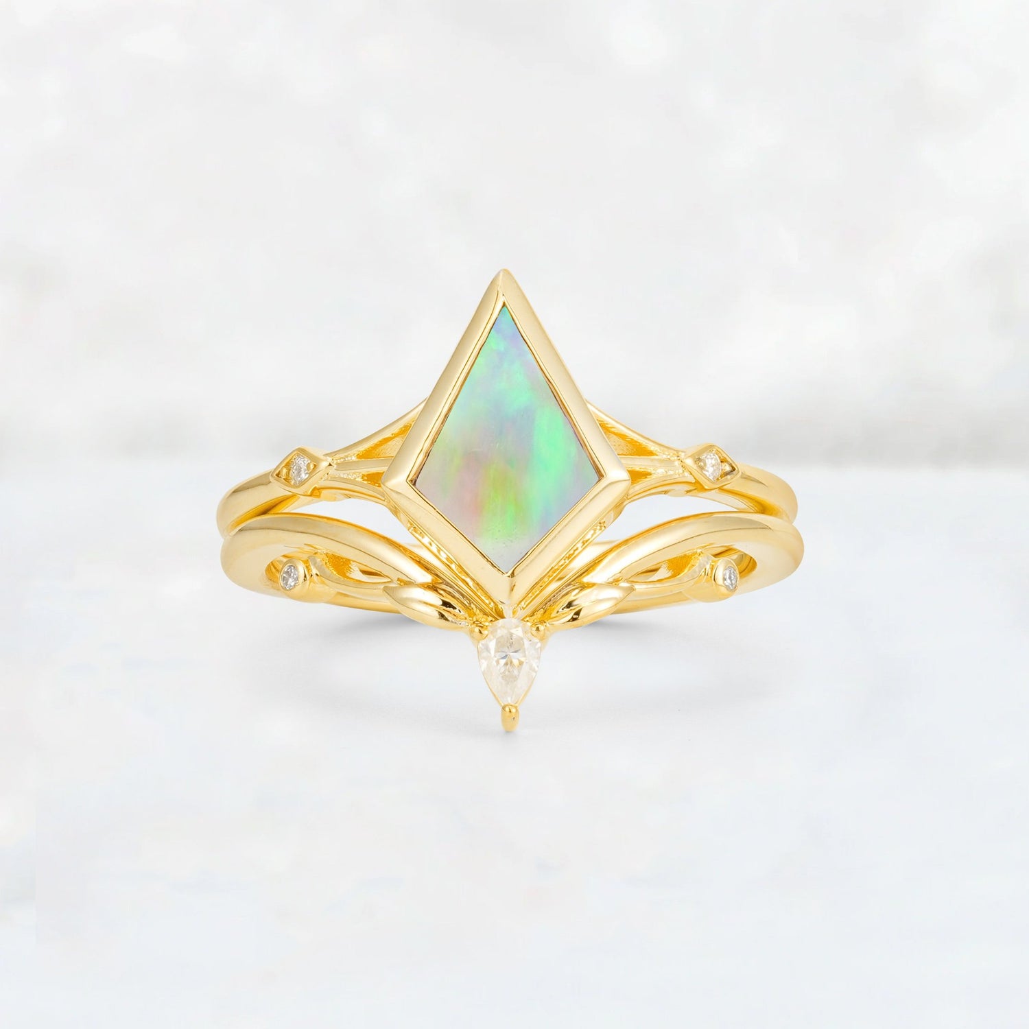 Kite Cut Fire Opal Nature-Inspired Bridal Ring Set - Yellow-Gold
