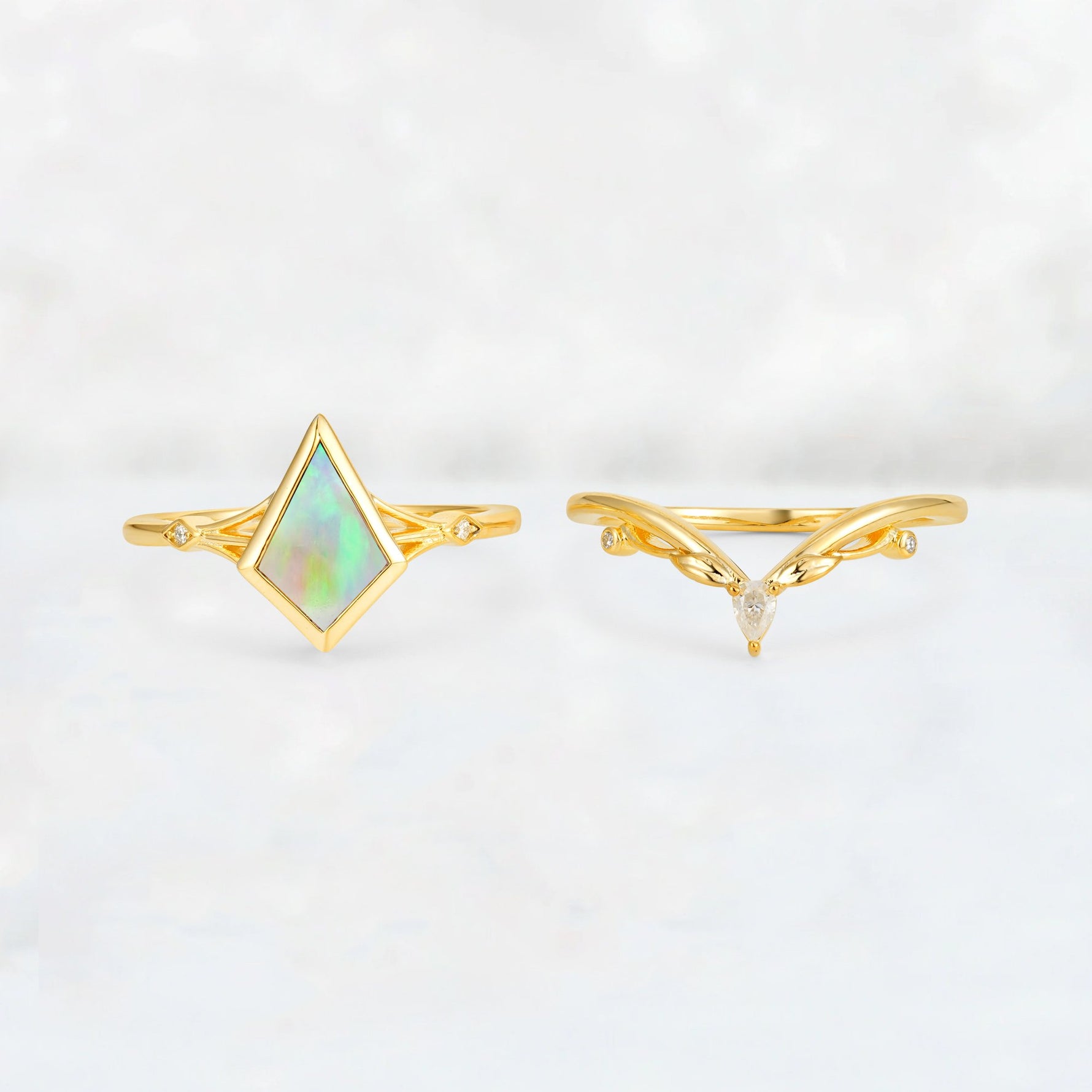 Kite Cut Fire Opal Nature-Inspired Bridal Ring Set - Rose-Gold