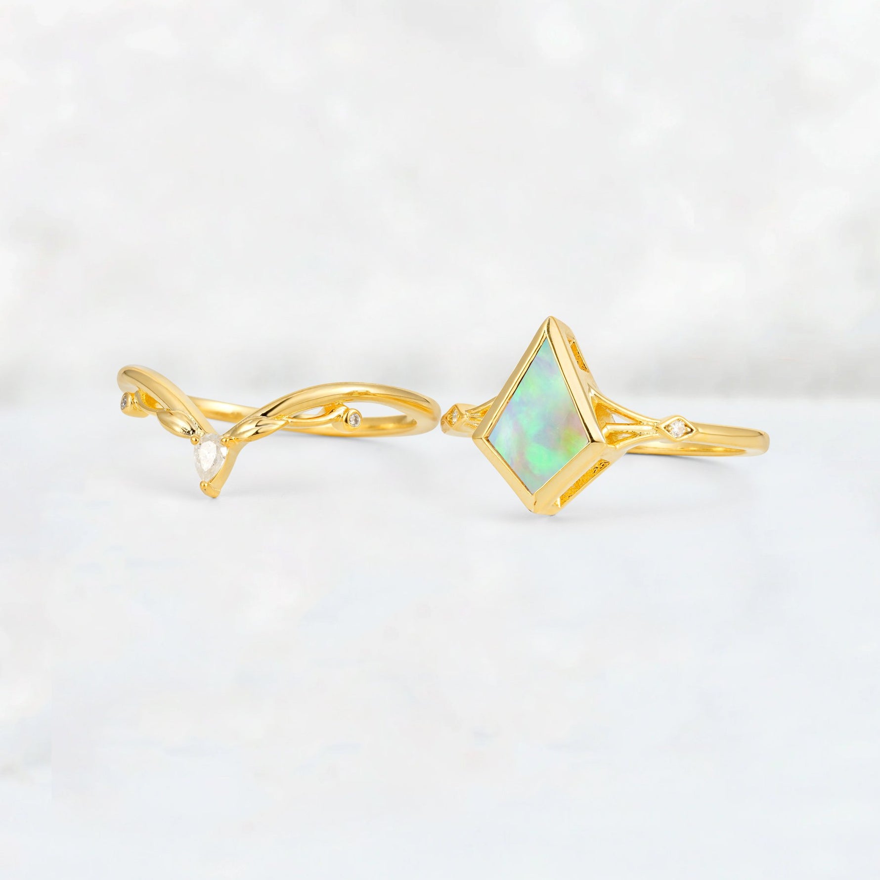Kite Cut Fire Opal Nature-Inspired Bridal Ring Set - White-Gold