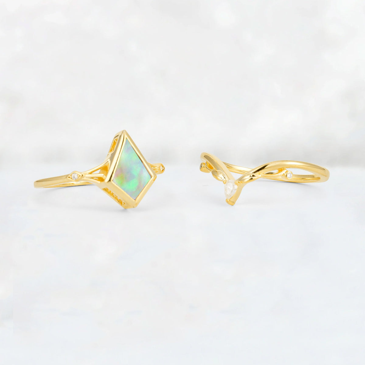 Kite Cut Fire Opal Nature-Inspired Bridal Ring Set - Additional view