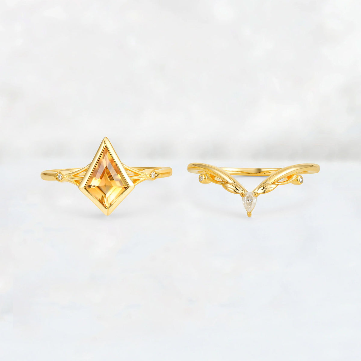 Kite Cut Citrine Nature-Inspired Bridal Ring Set - Rose-Gold