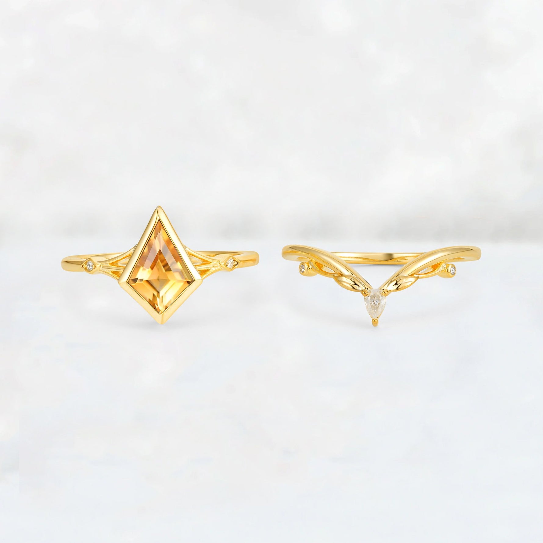 Kite Cut Citrine Nature-Inspired Bridal Ring Set - Rose-Gold