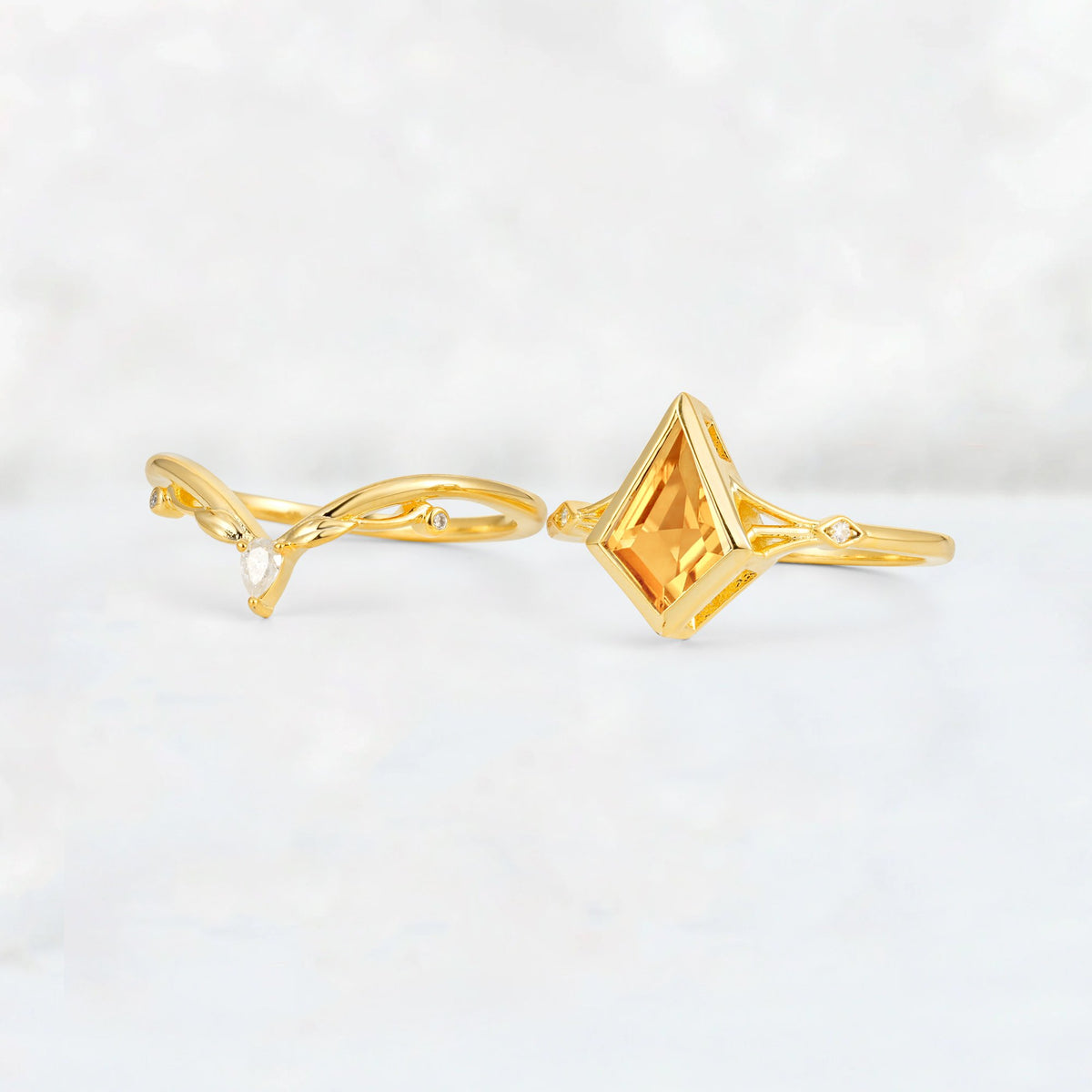 Kite Cut Citrine Nature-Inspired Bridal Ring Set - White-Gold