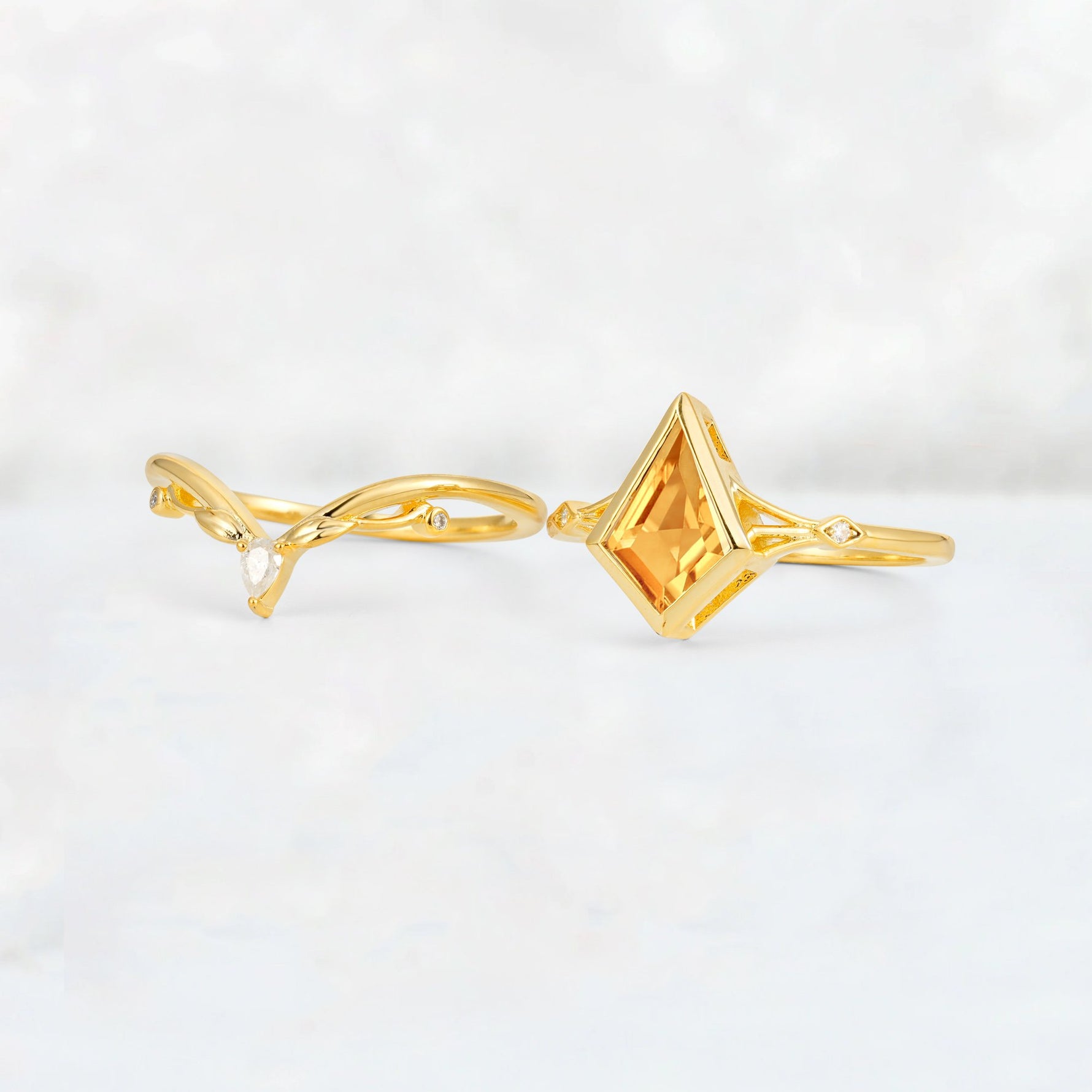 Kite Cut Citrine Nature-Inspired Bridal Ring Set - White-Gold