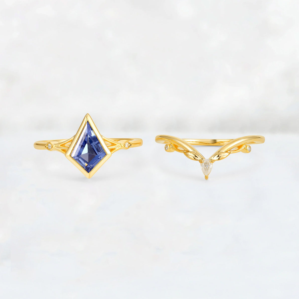 Kite Cut Tanzanite Nature-Inspired Bridal Ring Set - Rose-Gold