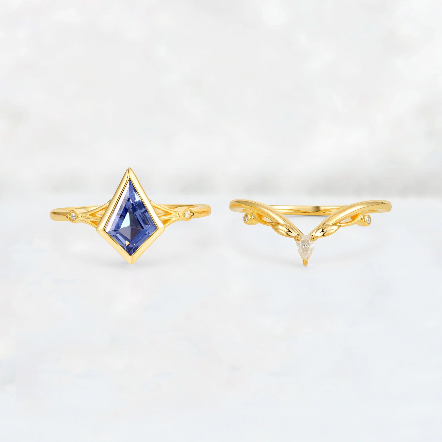 Kite Cut Tanzanite Nature-Inspired Bridal Ring Set - Rose-Gold