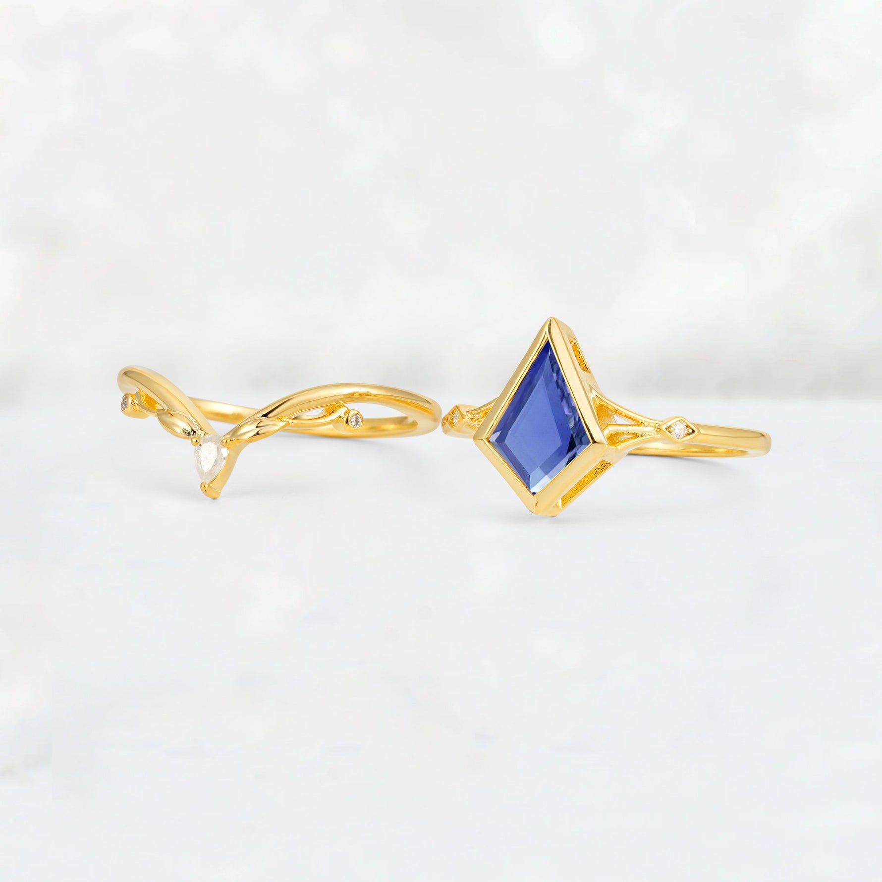 Kite Cut Tanzanite Nature-Inspired Bridal Ring Set - White-Gold