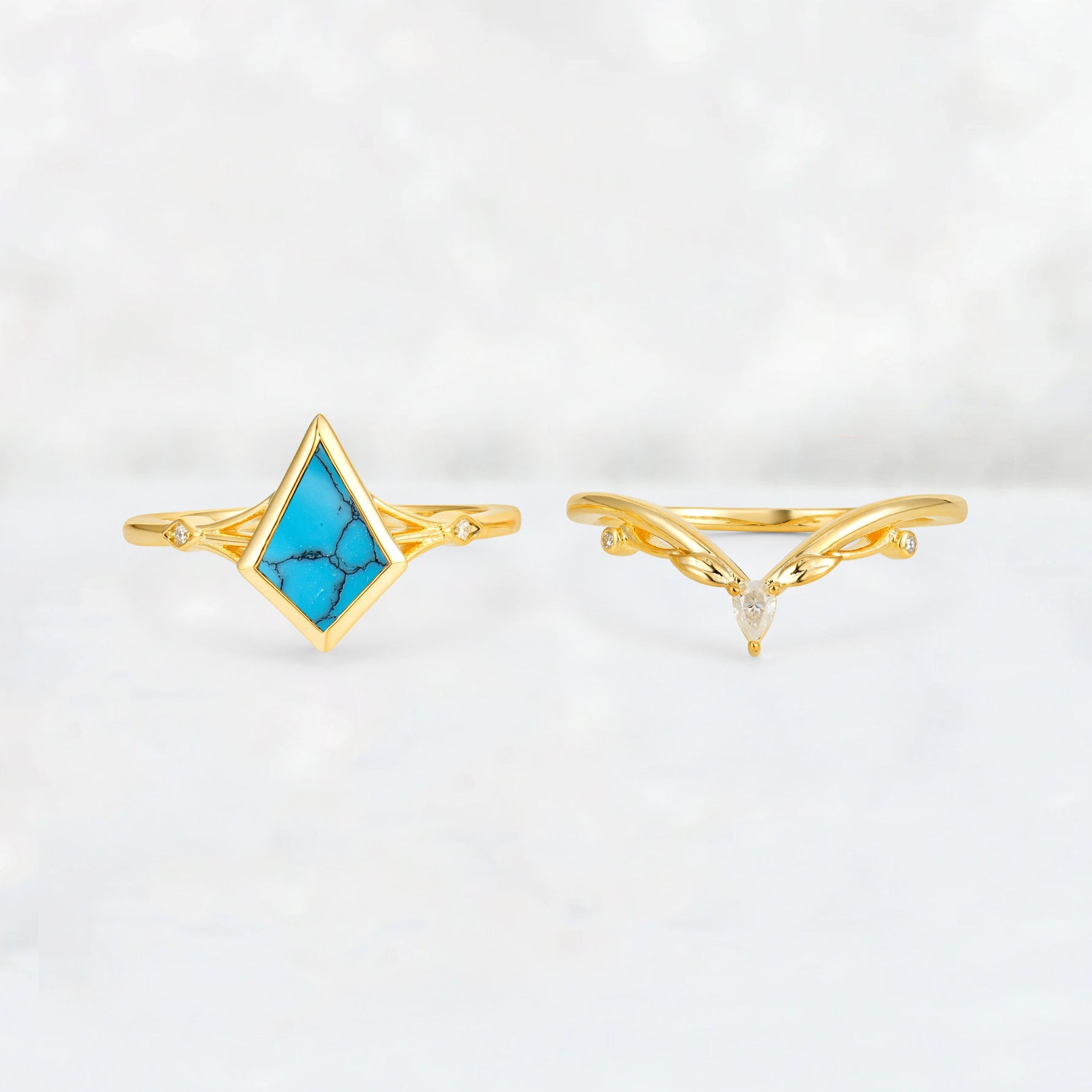 Kite Cut Turquoise Nature-Inspired Bridal Ring Set - Rose-Gold