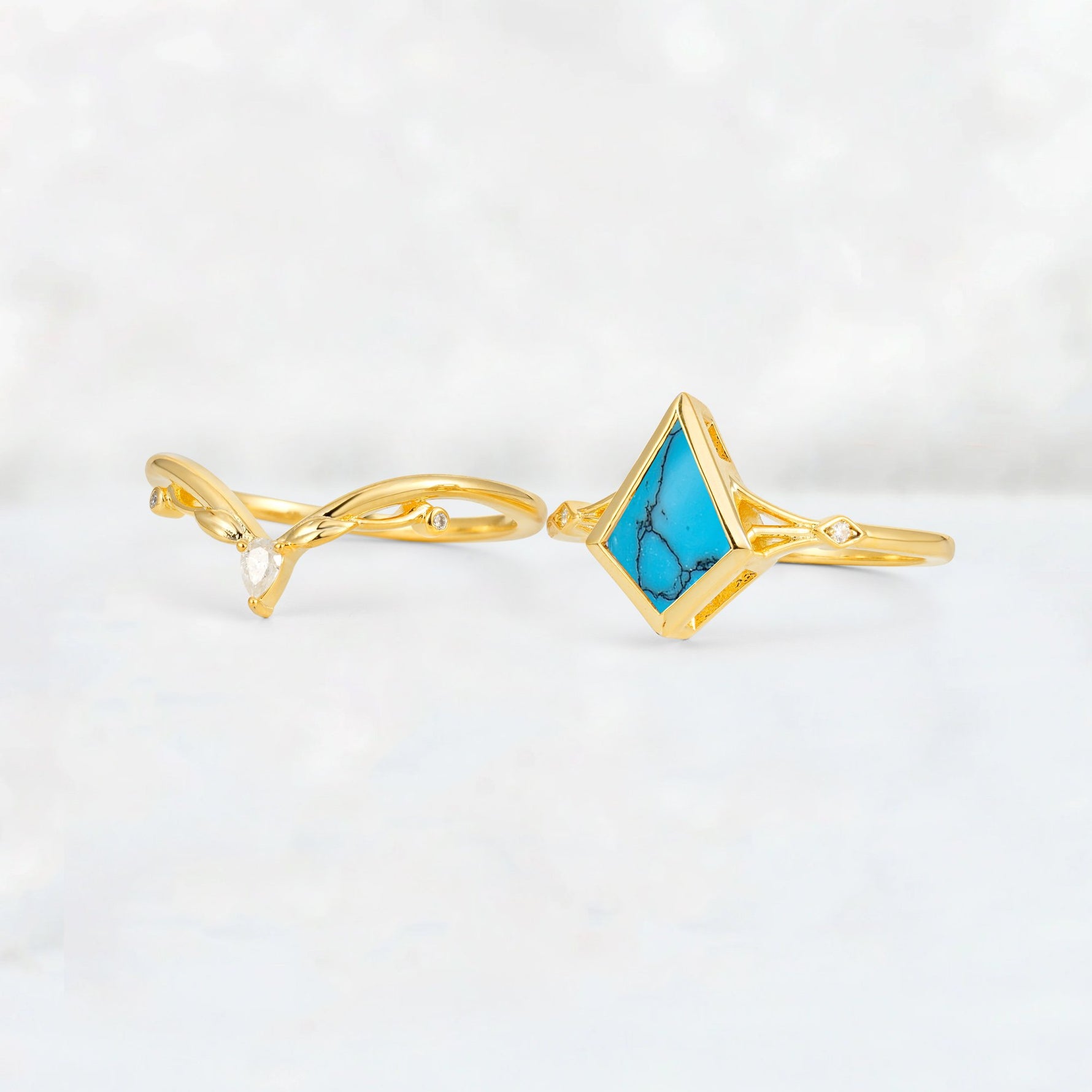 Kite Cut Turquoise Nature-Inspired Bridal Ring Set - White-Gold