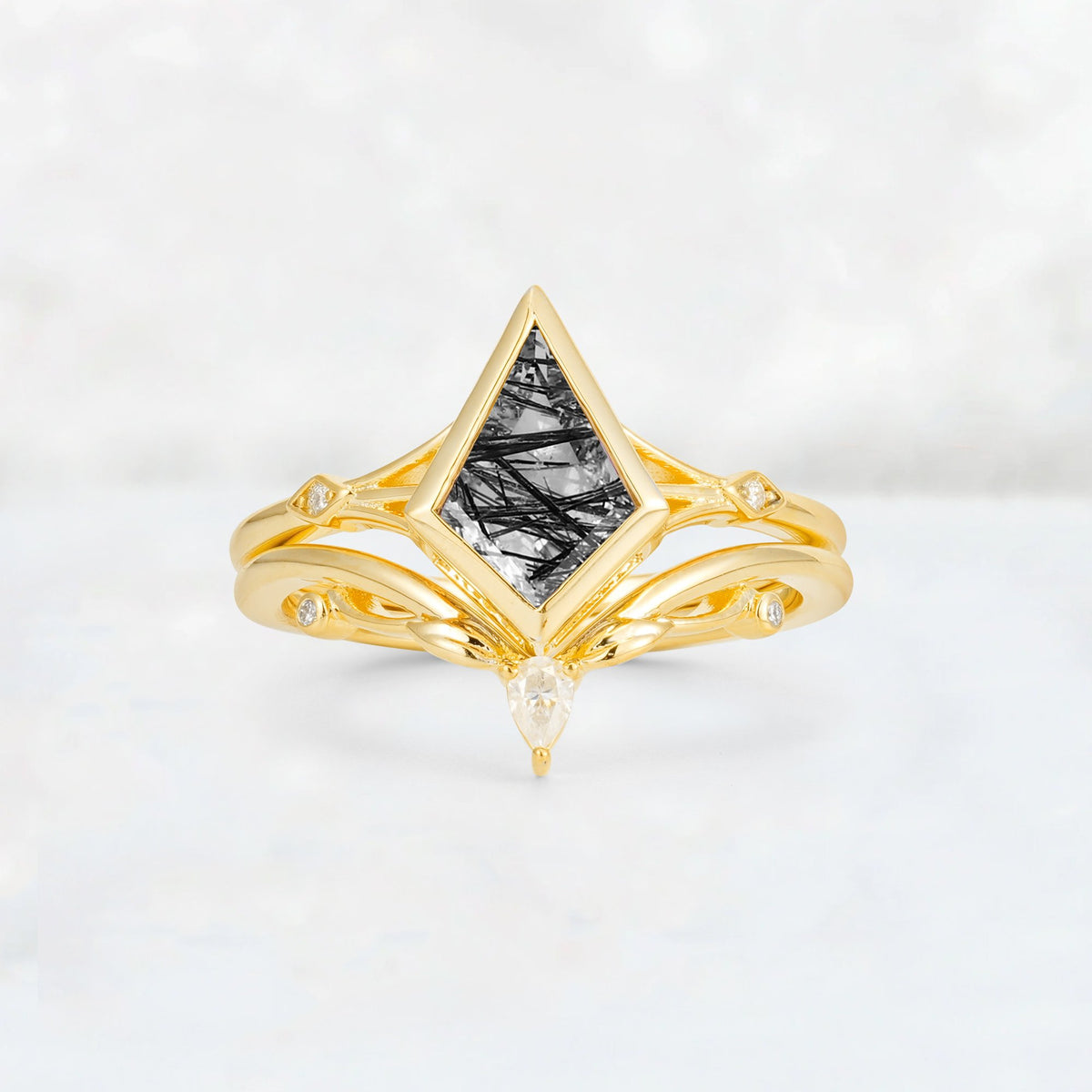 Kite Cut Black Rutilated Quartz Nature-Inspired Bridal Ring Set - Yellow-Gold
