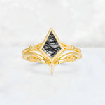 Kite Cut Black Rutilated Quartz Nature-Inspired Bridal Ring Set - Yellow-Gold