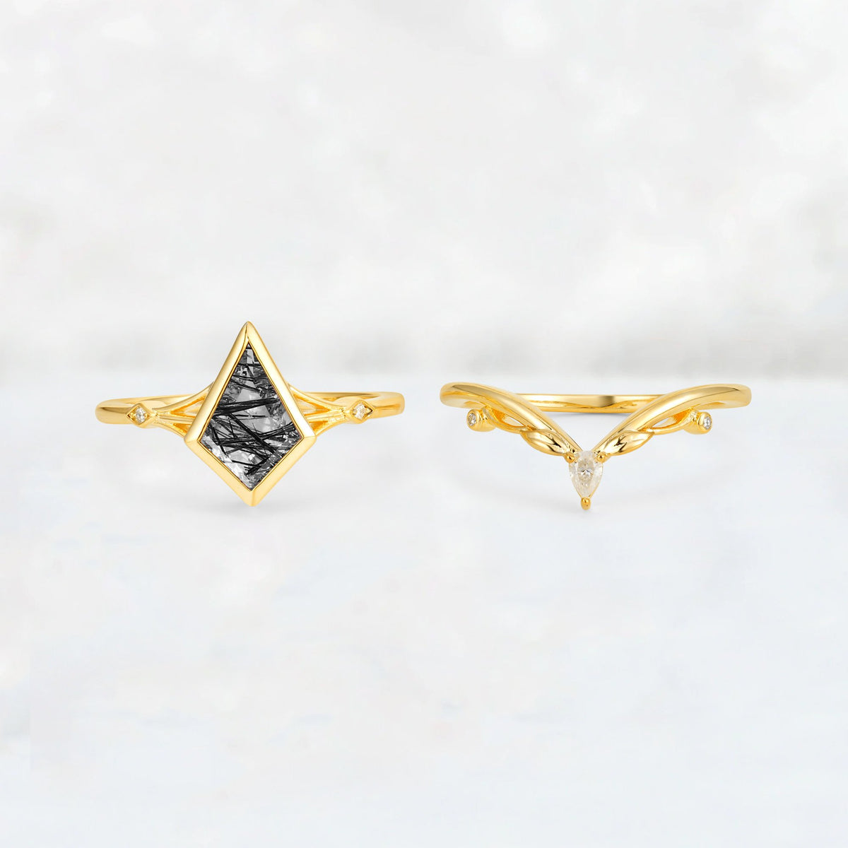 Kite Cut Black Rutilated Quartz Nature-Inspired Bridal Ring Set - Rose-Gold
