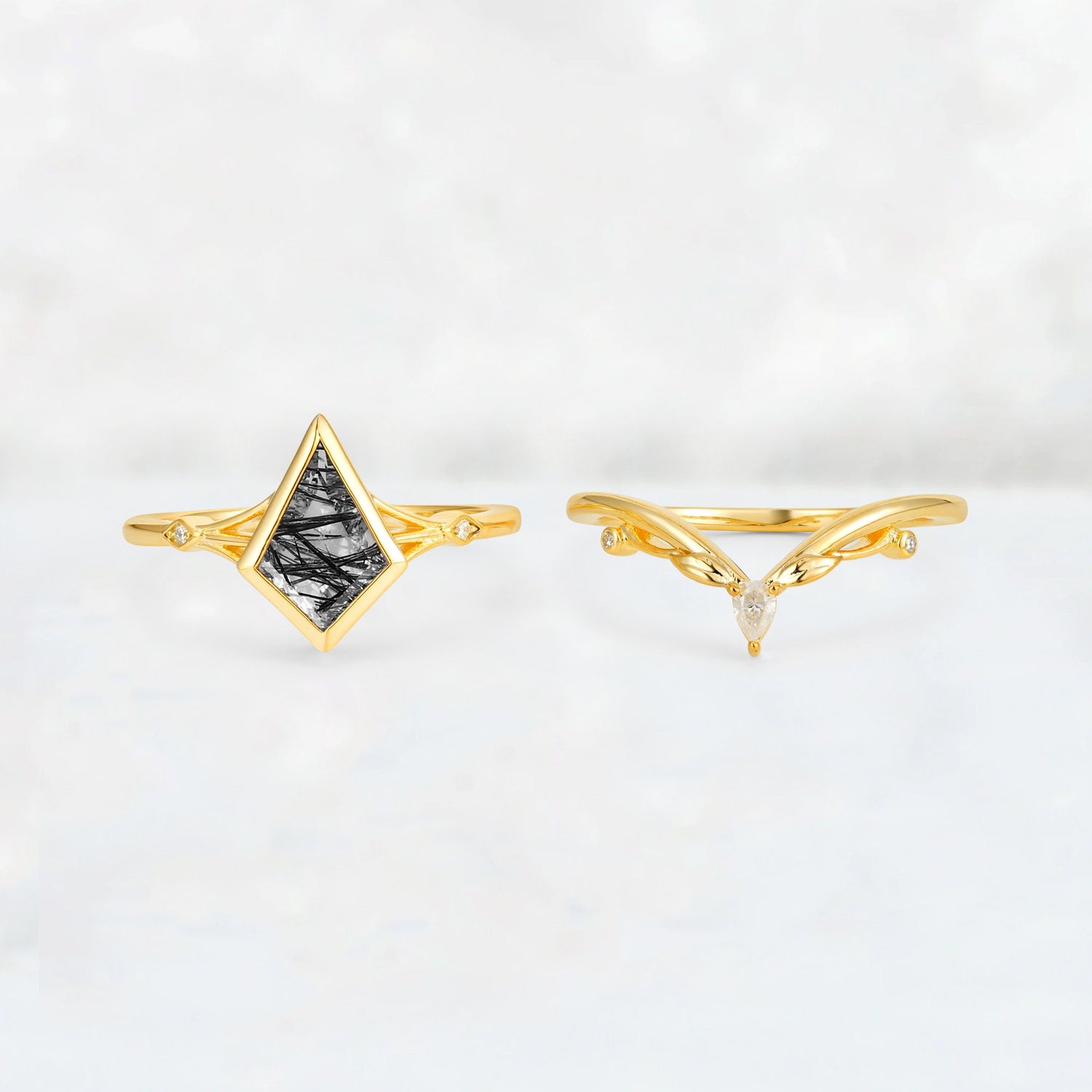 Kite Cut Black Rutilated Quartz Nature-Inspired Bridal Ring Set - Rose-Gold