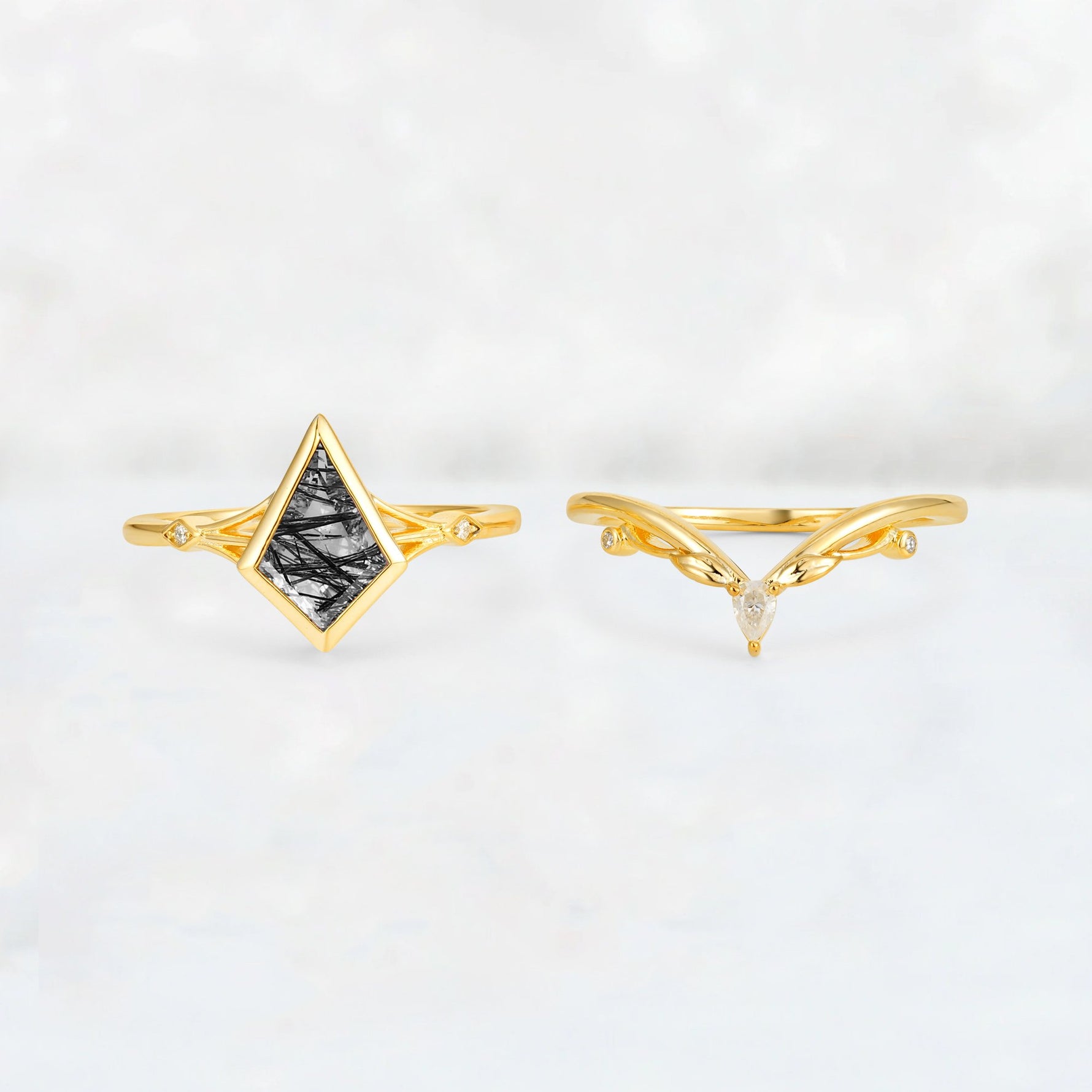 Kite Cut Black Rutilated Quartz Nature-Inspired Bridal Ring Set - Rose-Gold