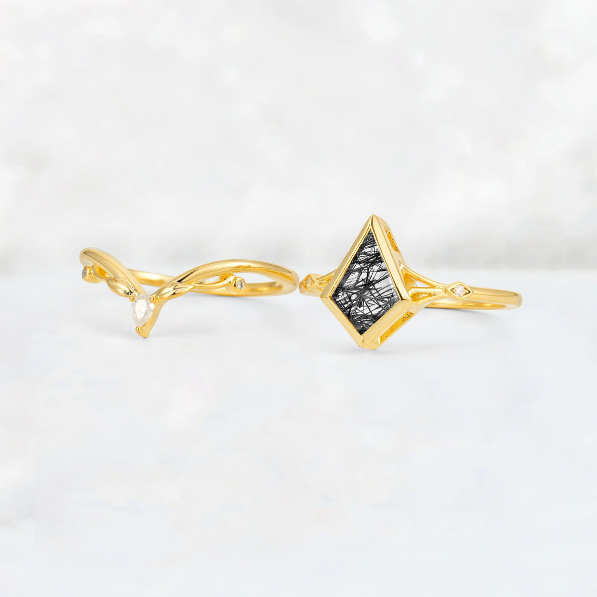 Kite Cut Black Rutilated Quartz Nature-Inspired Bridal Ring Set - White-Gold