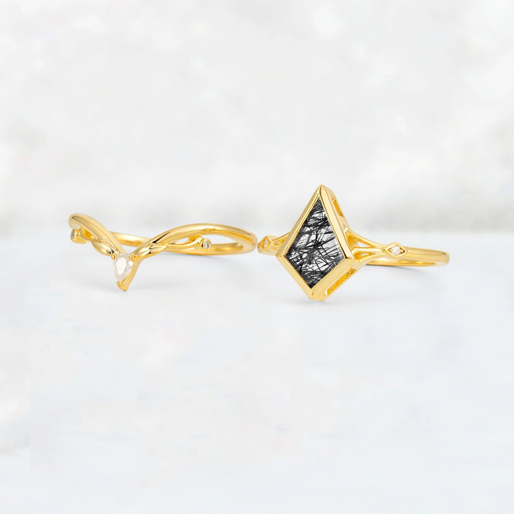 Kite Cut Black Rutilated Quartz Nature-Inspired Bridal Ring Set - White-Gold