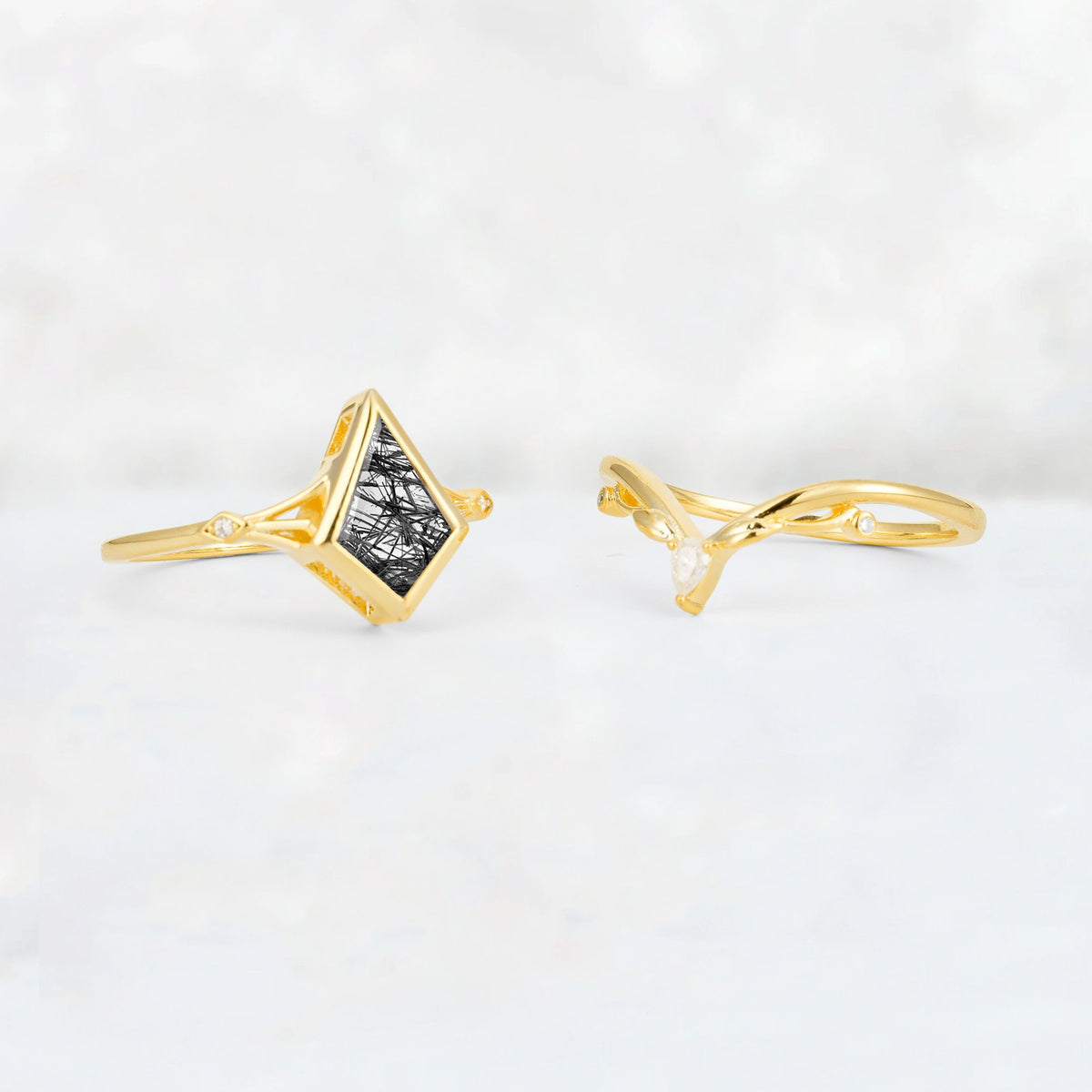 Kite Cut Black Rutilated Quartz Nature-Inspired Bridal Ring Set - Additional view