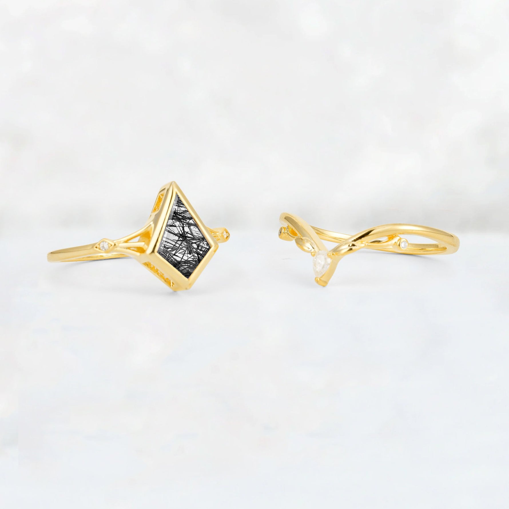 Kite Cut Black Rutilated Quartz Nature-Inspired Bridal Ring Set - Additional view