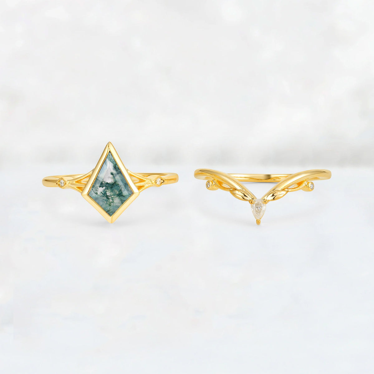 Kite Cut Moss Agate Nature-Inspired Bridal Ring Set - Rose-Gold
