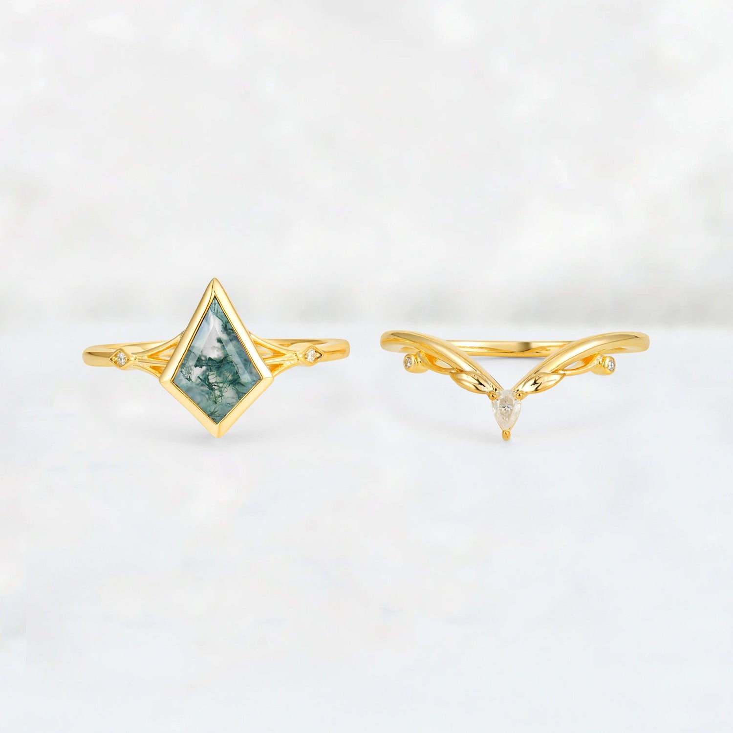 Kite Cut Moss Agate Nature-Inspired Bridal Ring Set - Rose-Gold