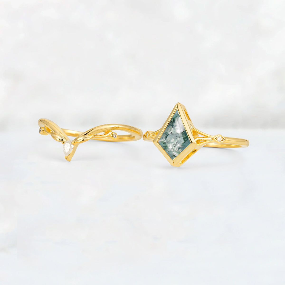 Kite Cut Moss Agate Nature-Inspired Bridal Ring Set - White-Gold