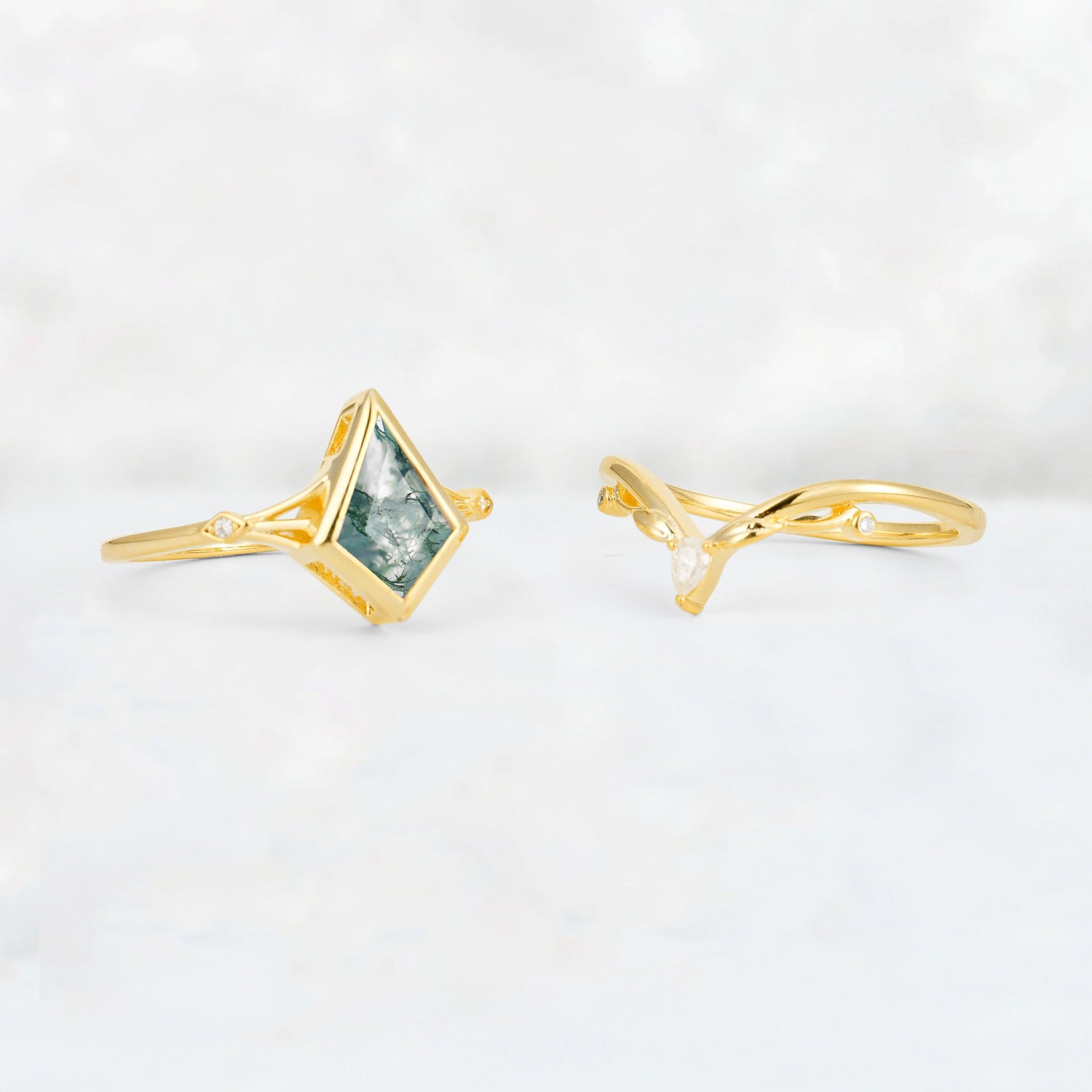 Kite Cut Moss Agate Nature-Inspired Bridal Ring Set - Additional view