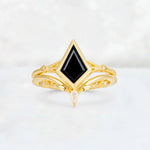 Kite Cut Black Onyx Nature-Inspired Bridal Ring Set - Yellow-Gold