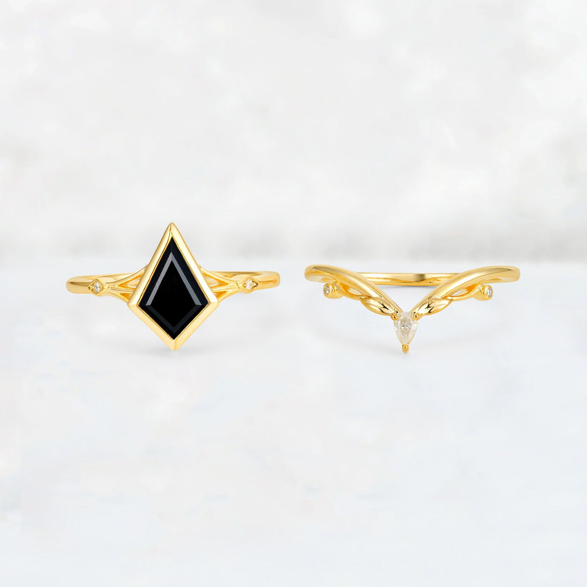 Kite Cut Black Onyx Nature-Inspired Bridal Ring Set - Rose-Gold