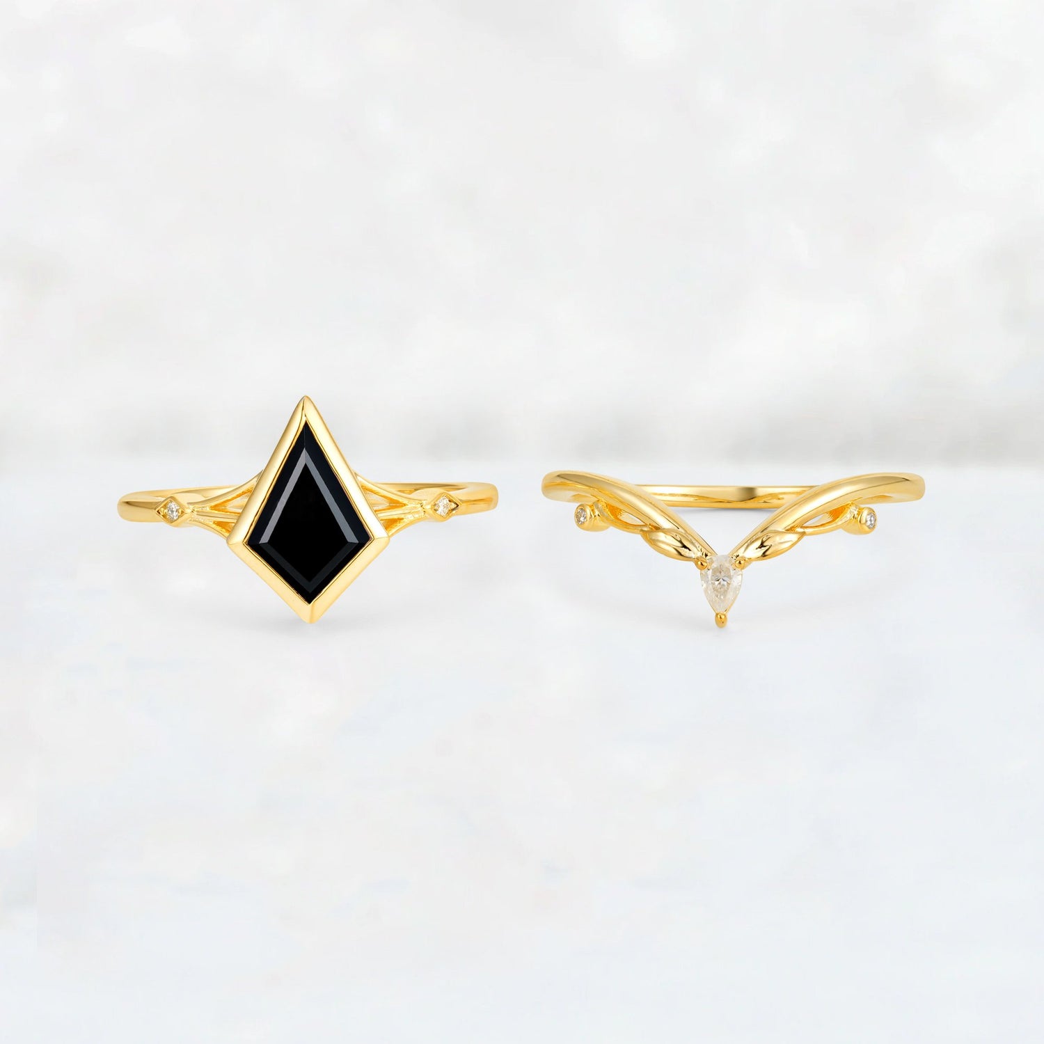 Kite Cut Black Onyx Nature-Inspired Bridal Ring Set - Rose-Gold