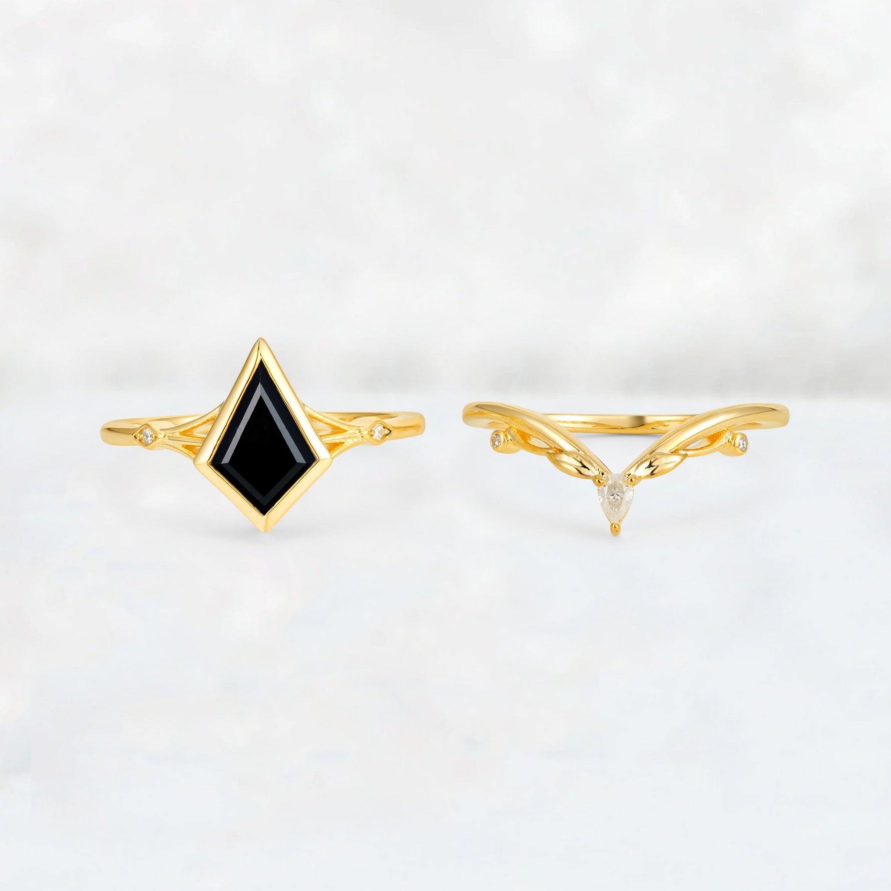 Kite Cut Black Onyx Nature-Inspired Bridal Ring Set - Rose-Gold