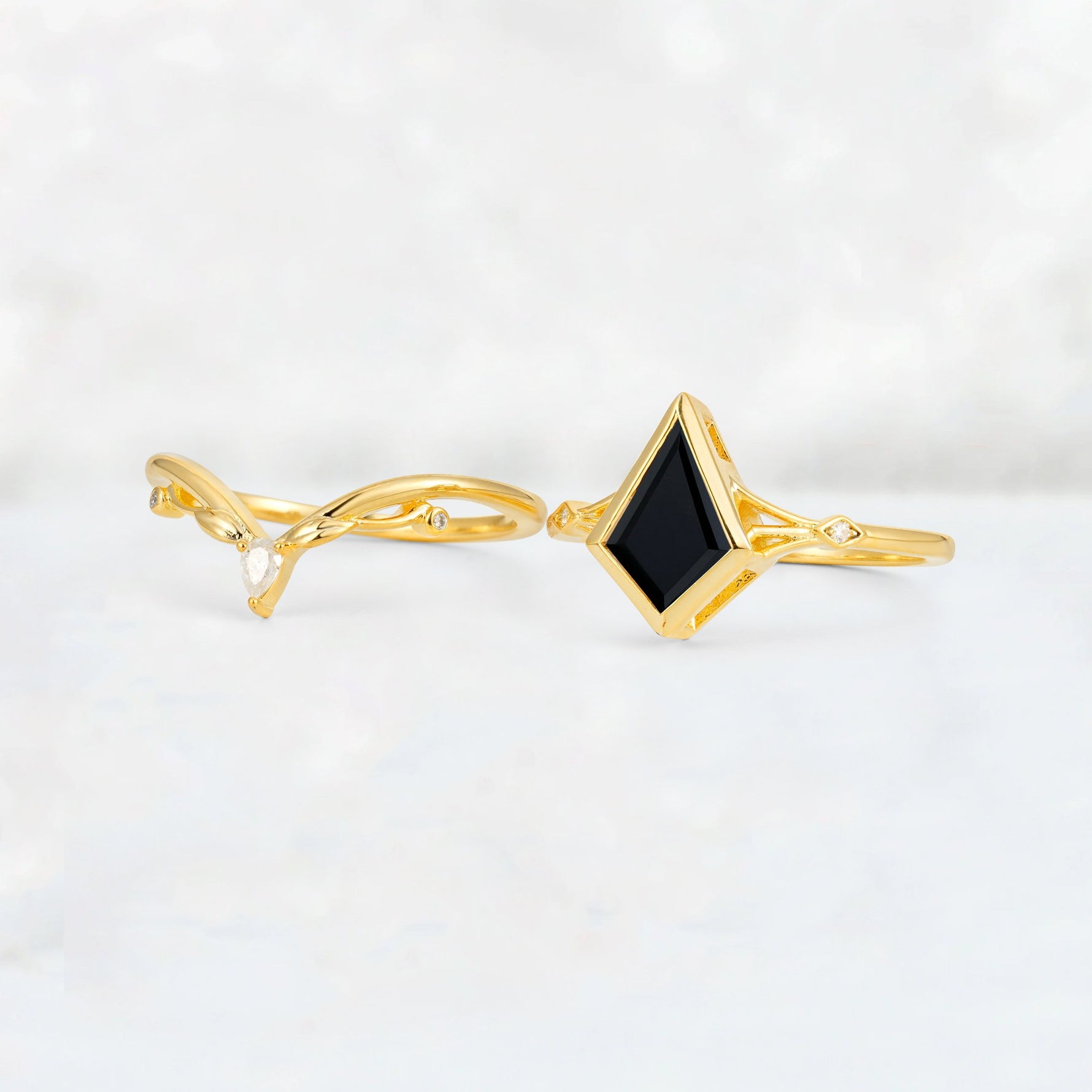 Kite Cut Black Onyx Nature-Inspired Bridal Ring Set - White-Gold