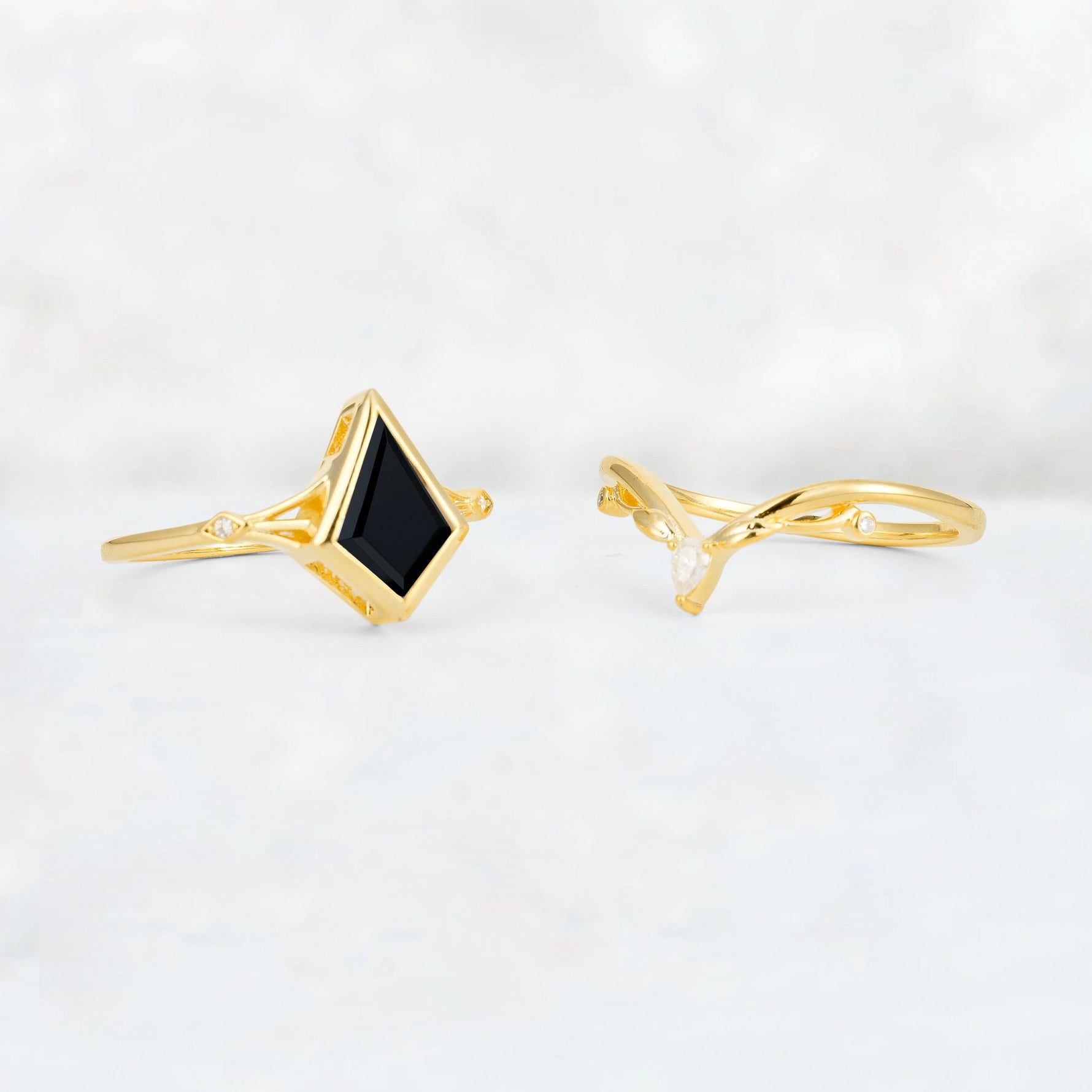 Kite Cut Black Onyx Nature-Inspired Bridal Ring Set - Additional view