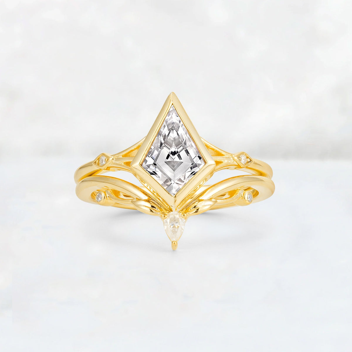 Kite Cut Lab Diamond Nature-Inspired Bridal Ring Set - Yellow-Gold