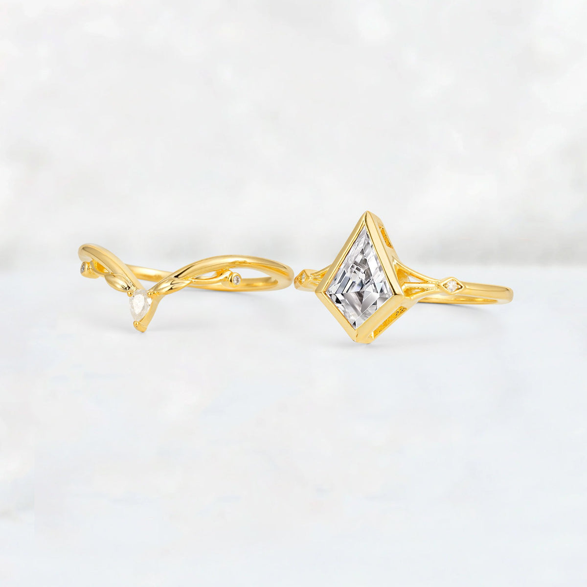 Kite Cut Lab Diamond Nature-Inspired Bridal Ring Set - White-Gold