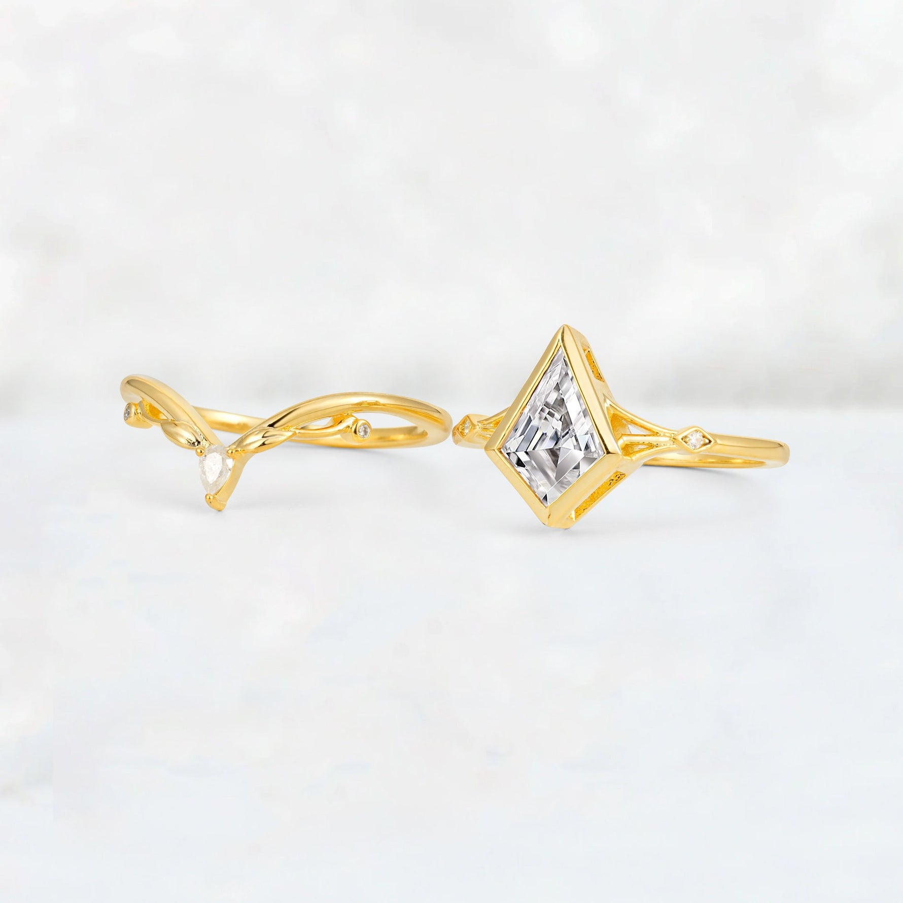 Kite Cut Lab Diamond Nature-Inspired Bridal Ring Set - White-Gold