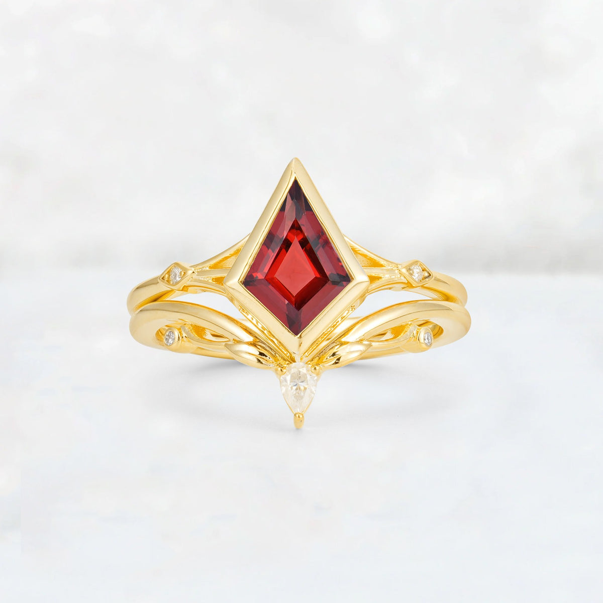 Kite Cut Garnet Nature-Inspired Bridal Ring Set - Yellow-Gold