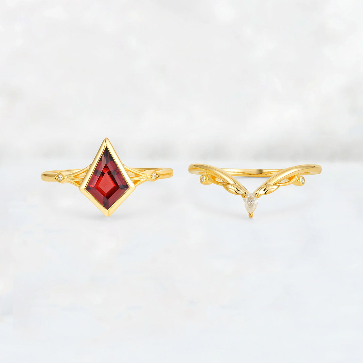 Kite Cut Garnet Nature-Inspired Bridal Ring Set - Rose-Gold