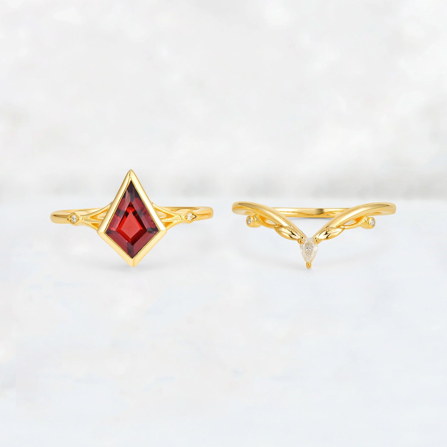 Kite Cut Garnet Nature-Inspired Bridal Ring Set - Rose-Gold