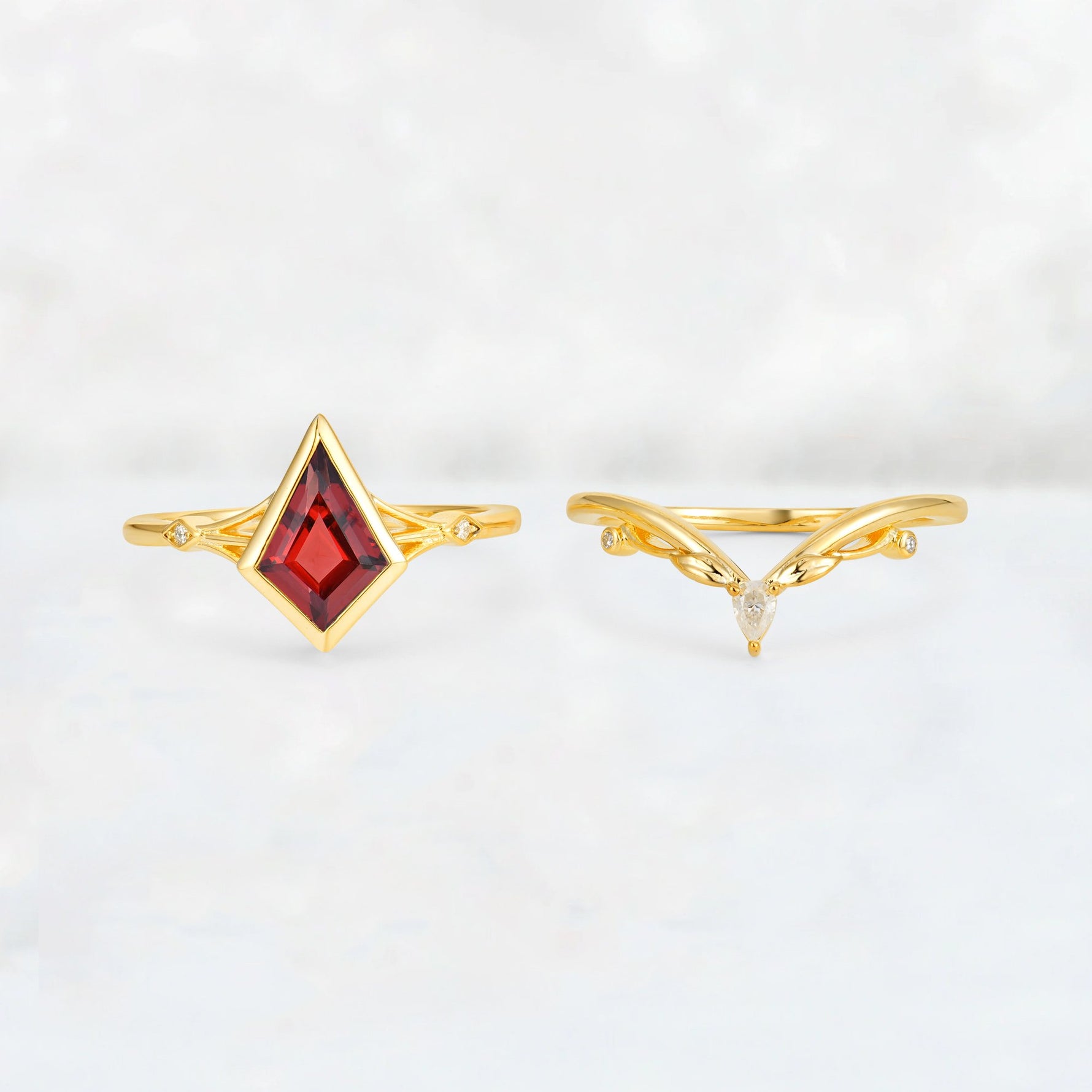 Kite Cut Garnet Nature-Inspired Bridal Ring Set - Rose-Gold