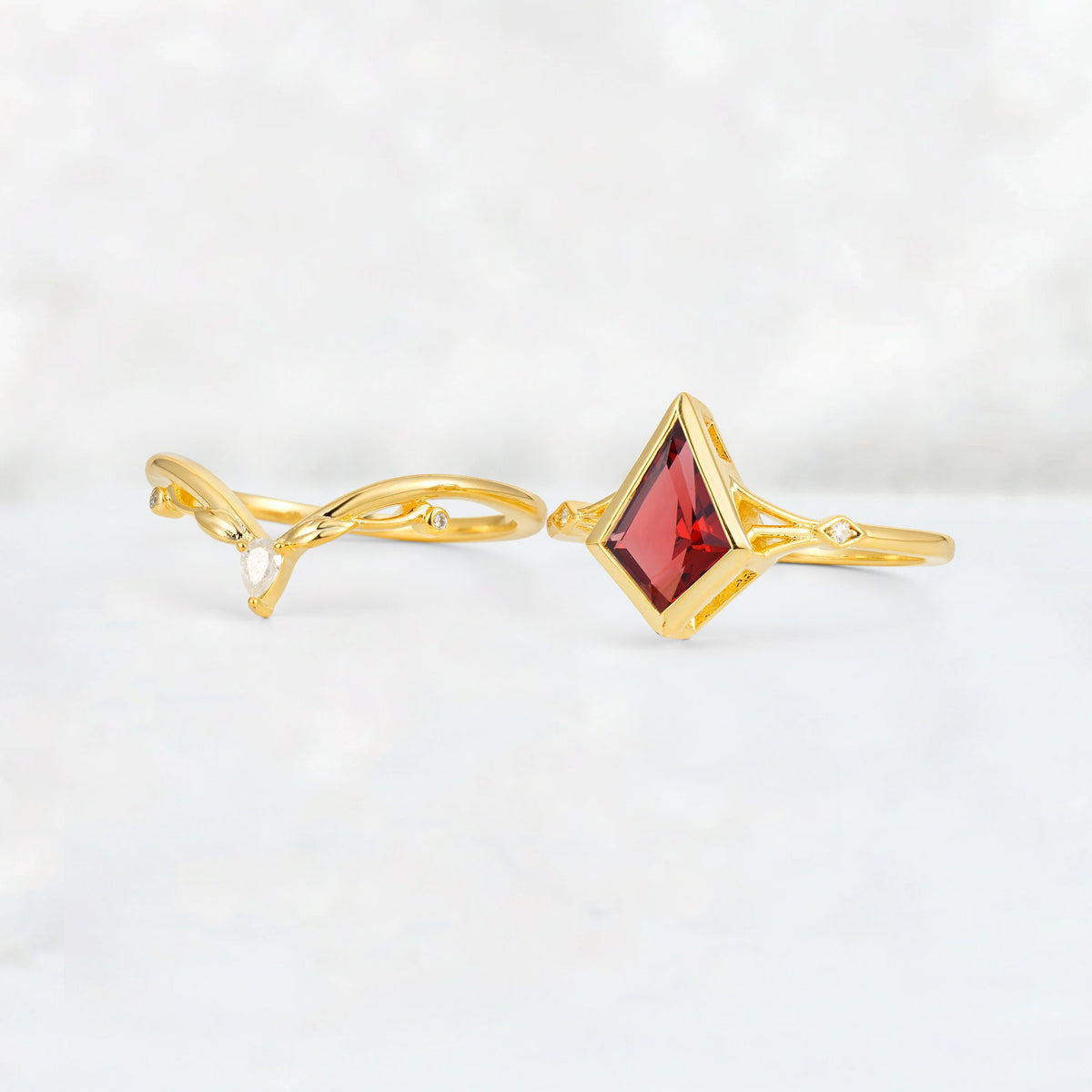 Kite Cut Garnet Nature-Inspired Bridal Ring Set - White-Gold