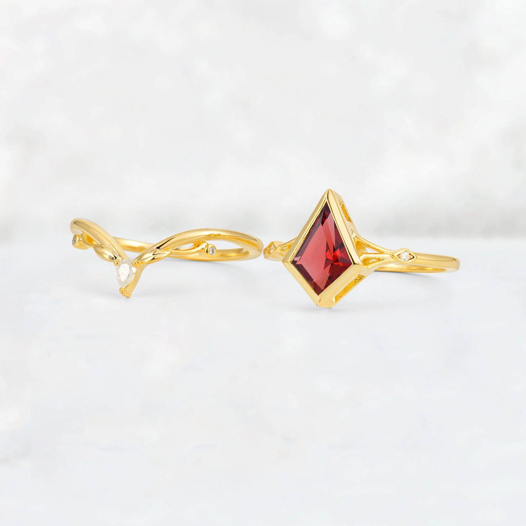 Kite Cut Garnet Nature-Inspired Bridal Ring Set - White-Gold