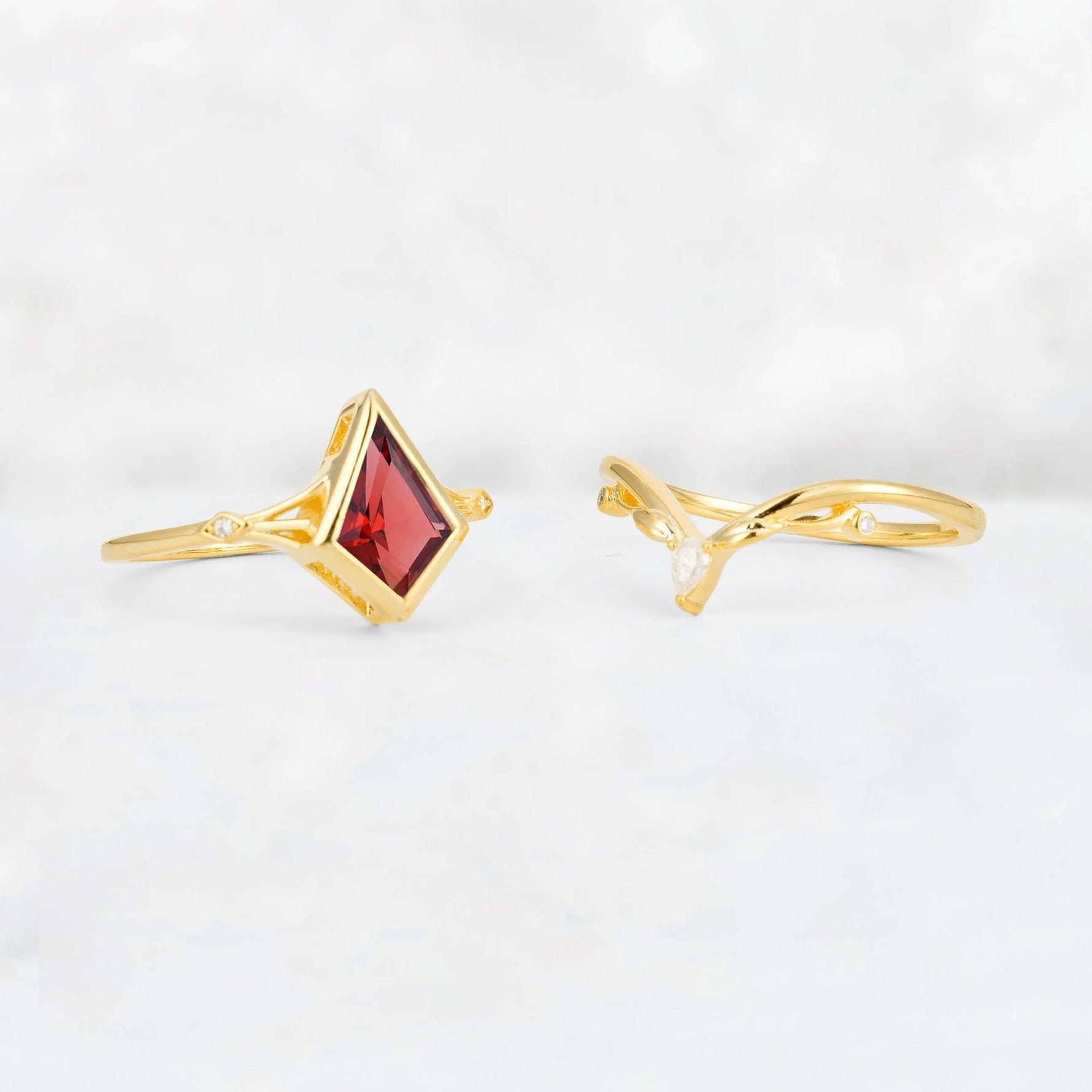 Kite Cut Garnet Nature-Inspired Bridal Ring Set - Additional view