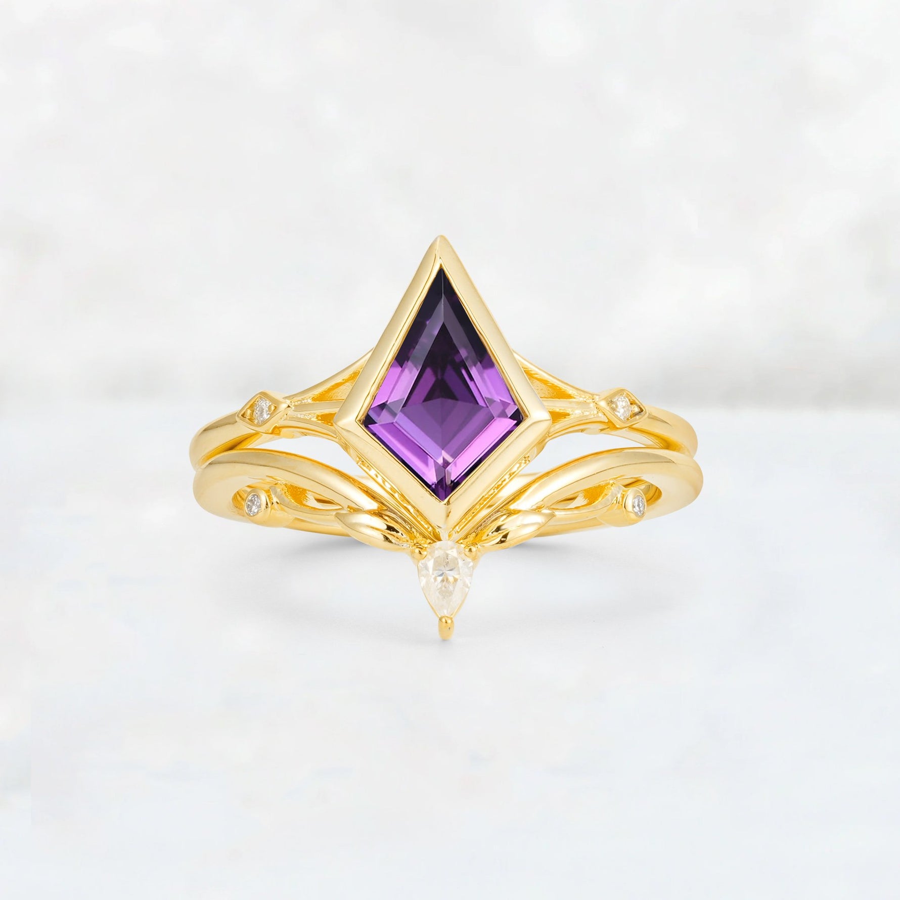 Kite Cut Amethyst Nature-Inspired Bridal Ring Set - Yellow-Gold