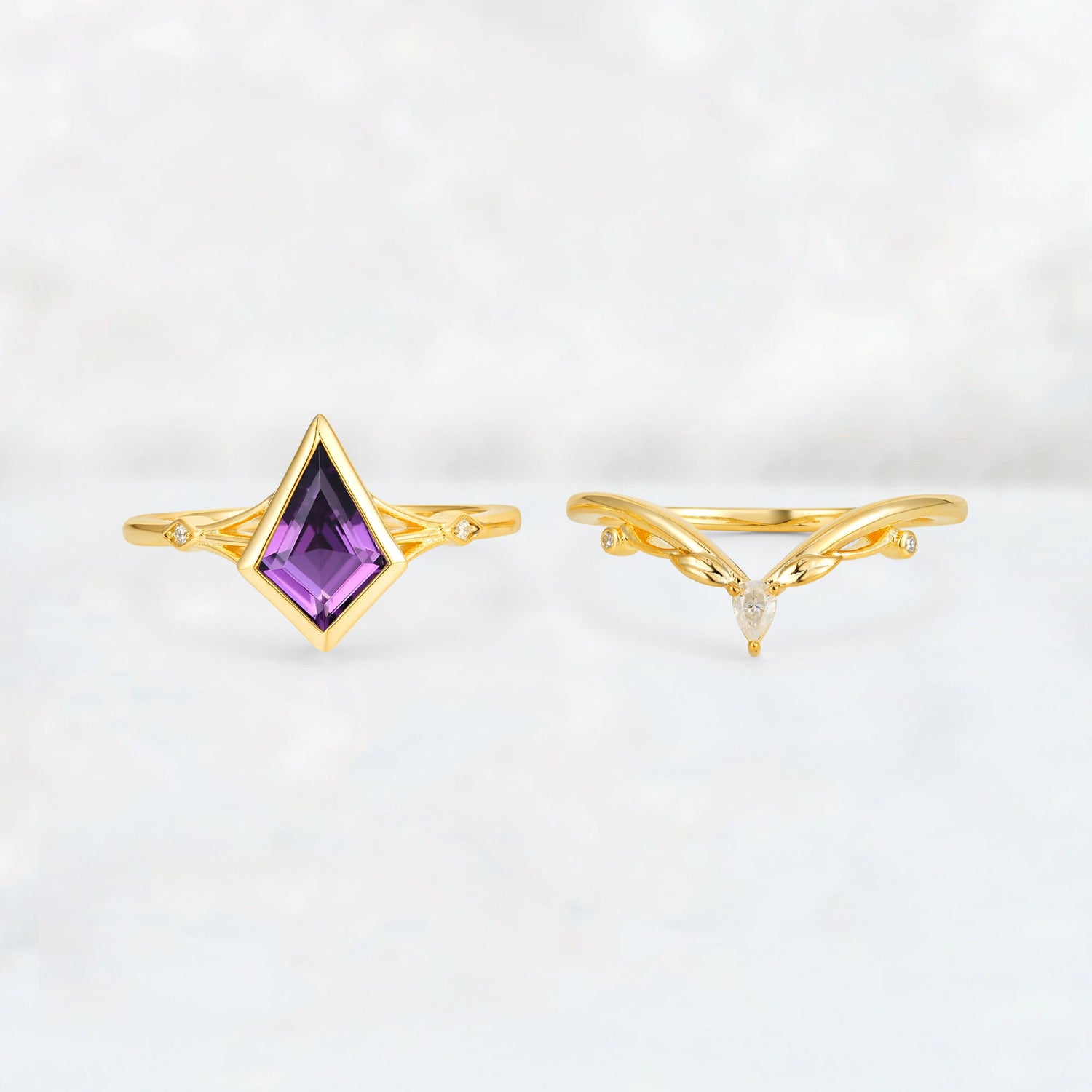 Kite Cut Amethyst Nature-Inspired Bridal Ring Set - Rose-Gold