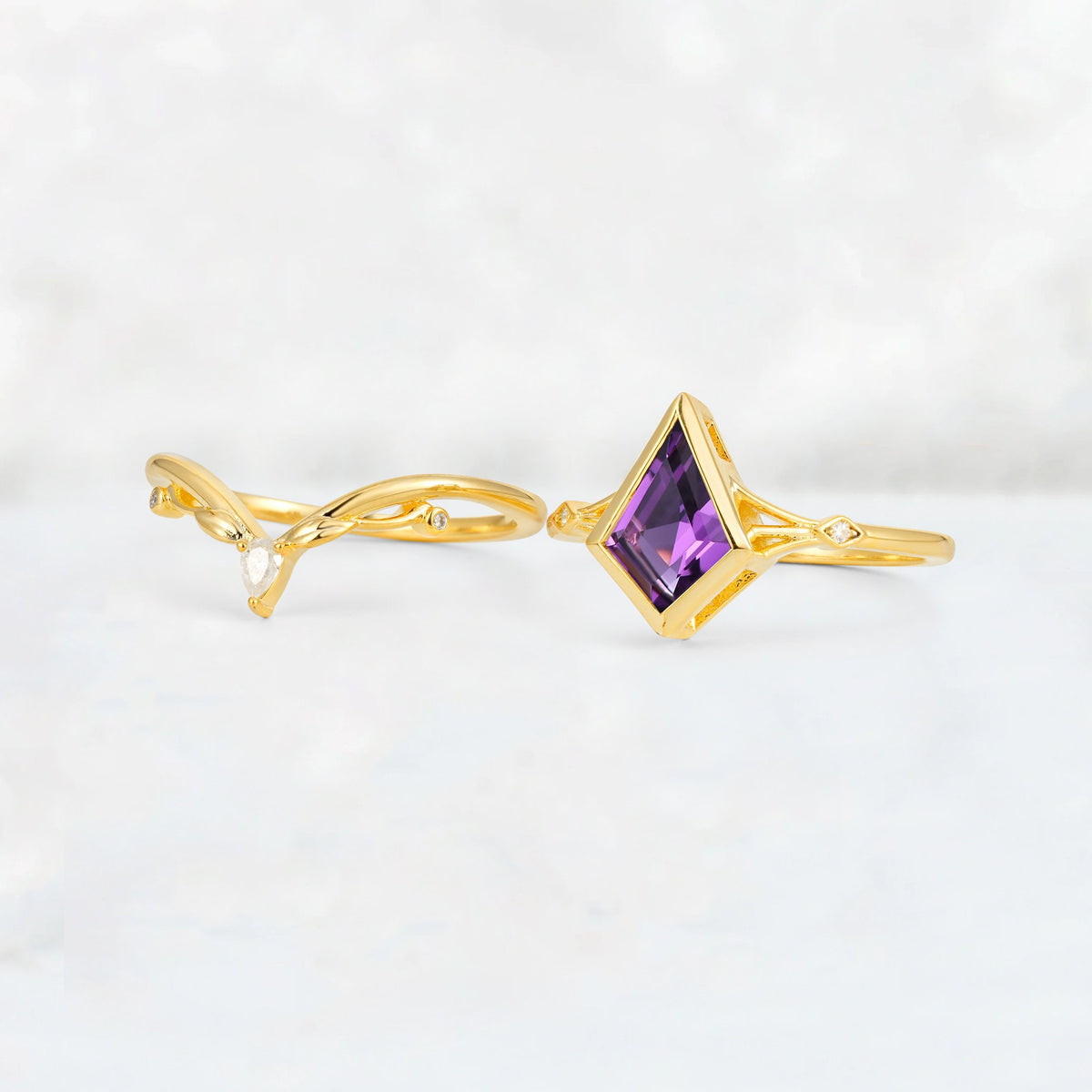 Kite Cut Amethyst Nature-Inspired Bridal Ring Set - White-Gold