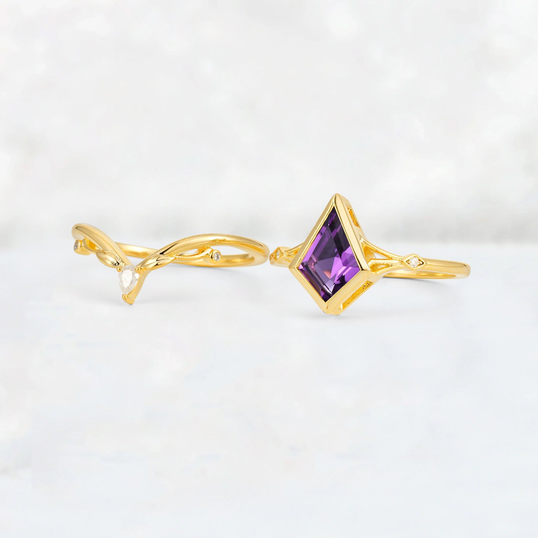 Kite Cut Amethyst Nature-Inspired Bridal Ring Set - White-Gold