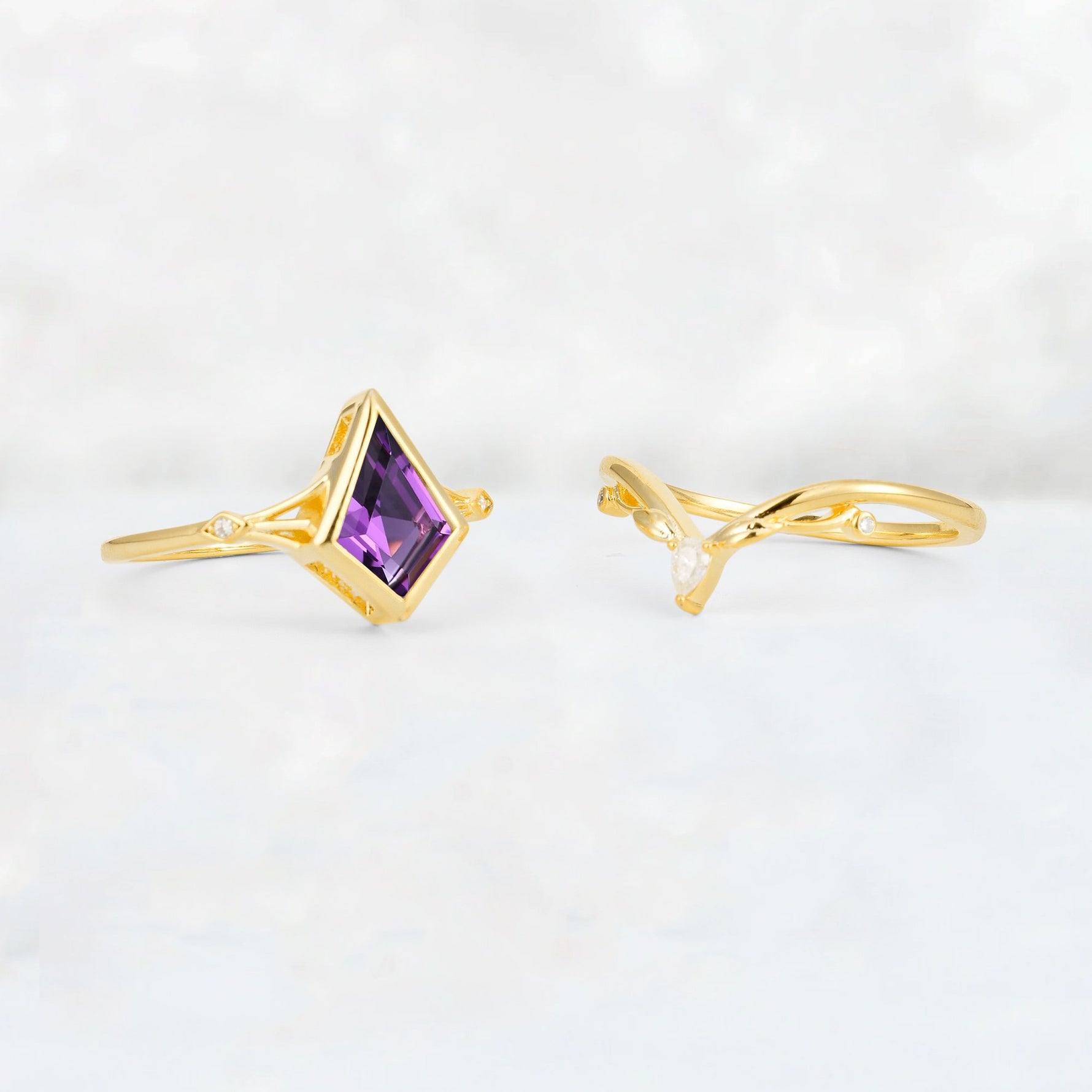 Kite Cut Amethyst Nature-Inspired Bridal Ring Set - Additional view